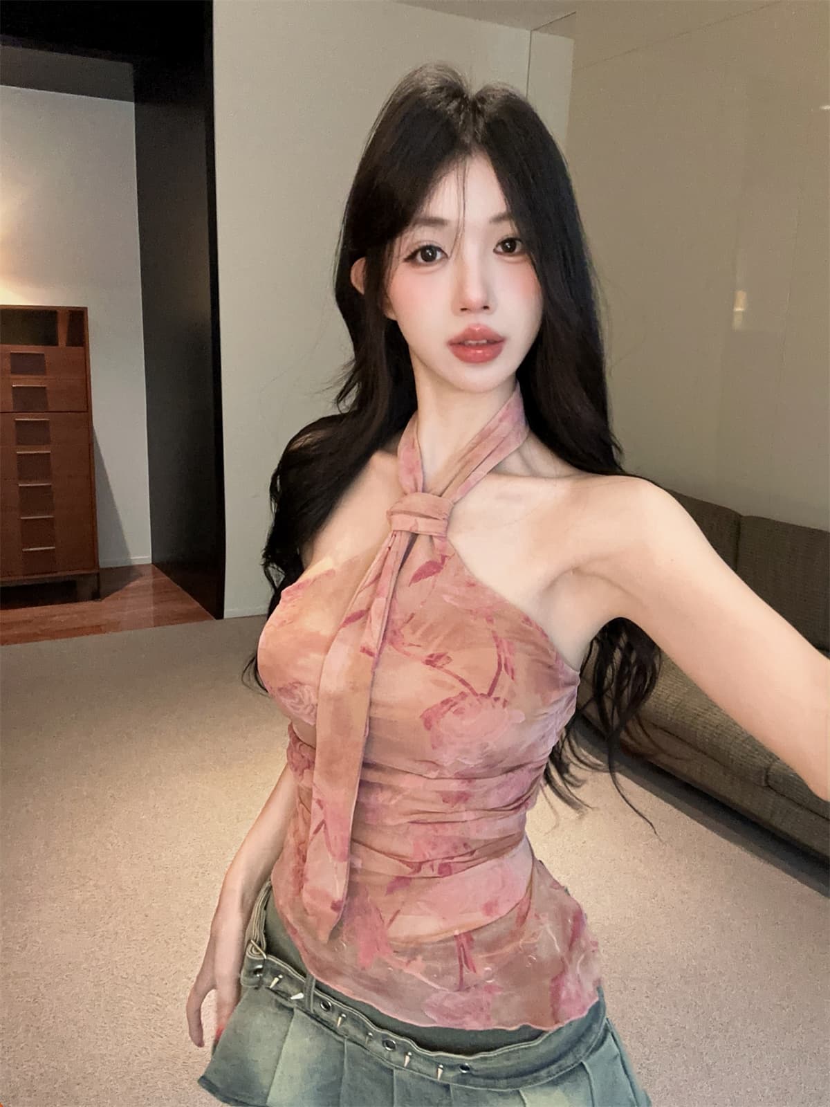 실사 정가 레트로 꽃무늬 프린트 기타 착용 순수한 욕망 행침 목 넥타이 스타일 망사 달콤한 매운맛 맨위 t 여성 가을 상세 이미지 2