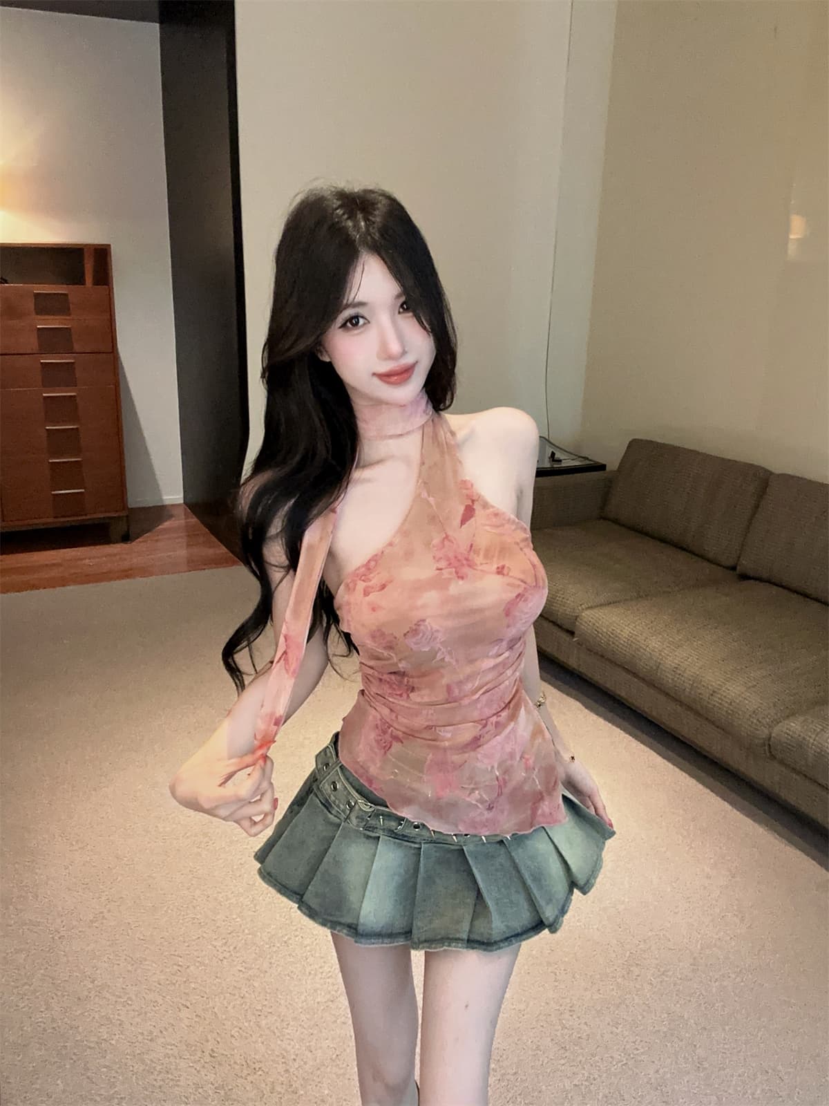 실사 정가 레트로 꽃무늬 프린트 기타 착용 순수한 욕망 행침 목 넥타이 스타일 망사 달콤한 매운맛 맨위 t 여성 가을 상세 이미지 6