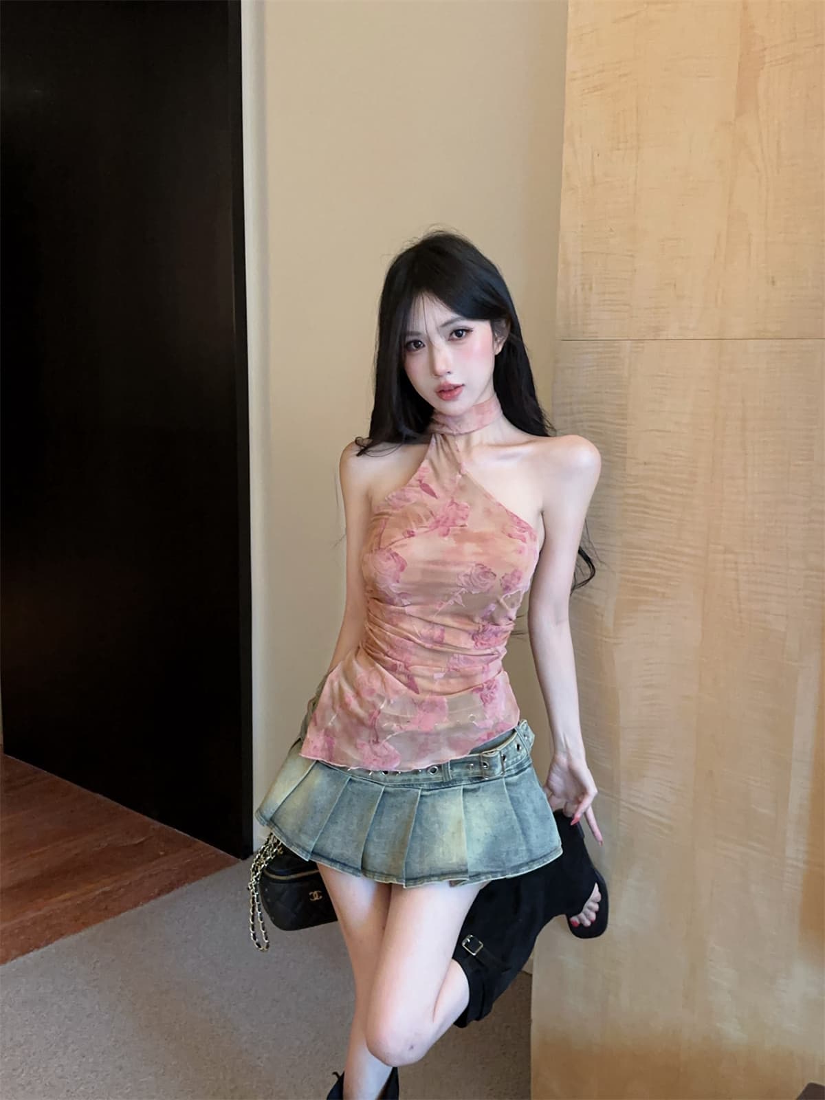 실사 정가 레트로 꽃무늬 프린트 기타 착용 순수한 욕망 행침 목 넥타이 스타일 망사 달콤한 매운맛 맨위 t 여성 가을 상세 이미지 7