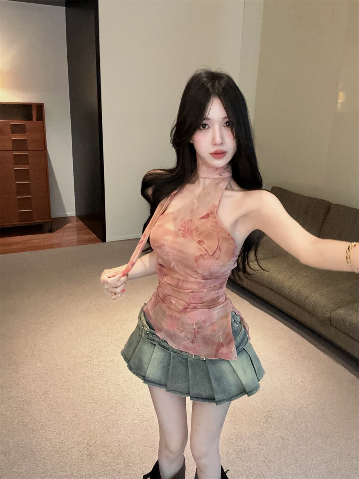 실사 정가 레트로 꽃무늬 프린트 기타 착용 순수한 욕망 행침 목 넥타이 스타일 망사 달콤한 매운맛 맨위 t 여성 가을 상세 이미지 8