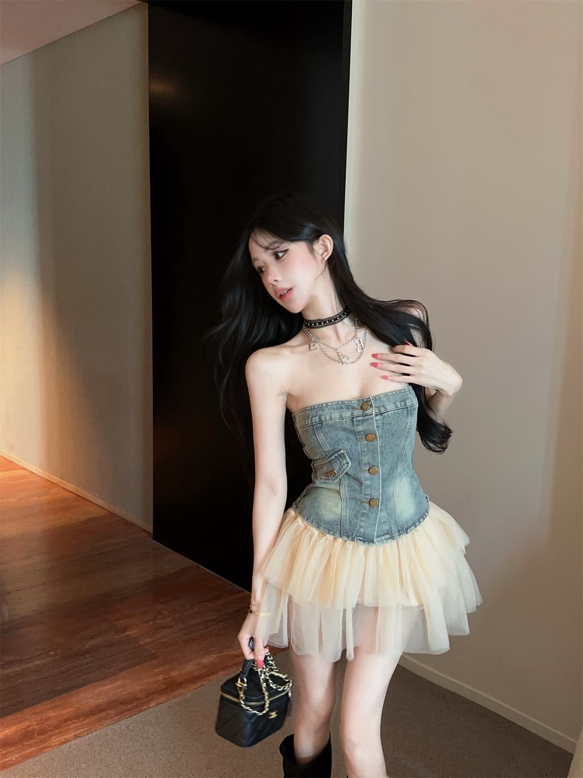 실사 정가 레트로 색상 워싱 데님 튜브탑 A라인 스커트 망사 치마바지 여성 여름 달콤한 차가운 세트 상세 이미지 3