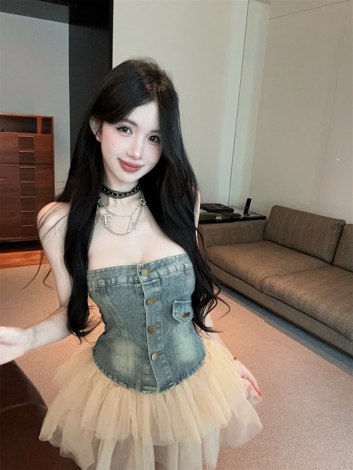 실사 정가 레트로 색상 워싱 데님 튜브탑 A라인 스커트 망사 치마바지 여성 여름 달콤한 차가운 세트 상세 이미지 10
