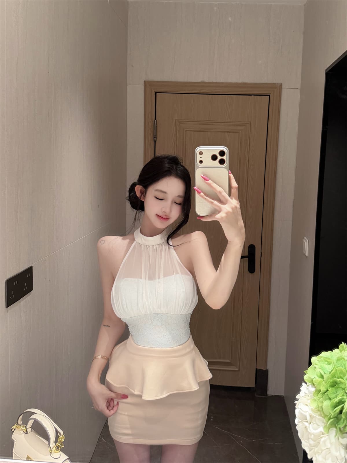 실사 정가 레이스 싸움 망사 행침 목 불규칙 맨위 프릴 반신 스커트 여성 패션 세트 여성 여름 상세 이미지 1
