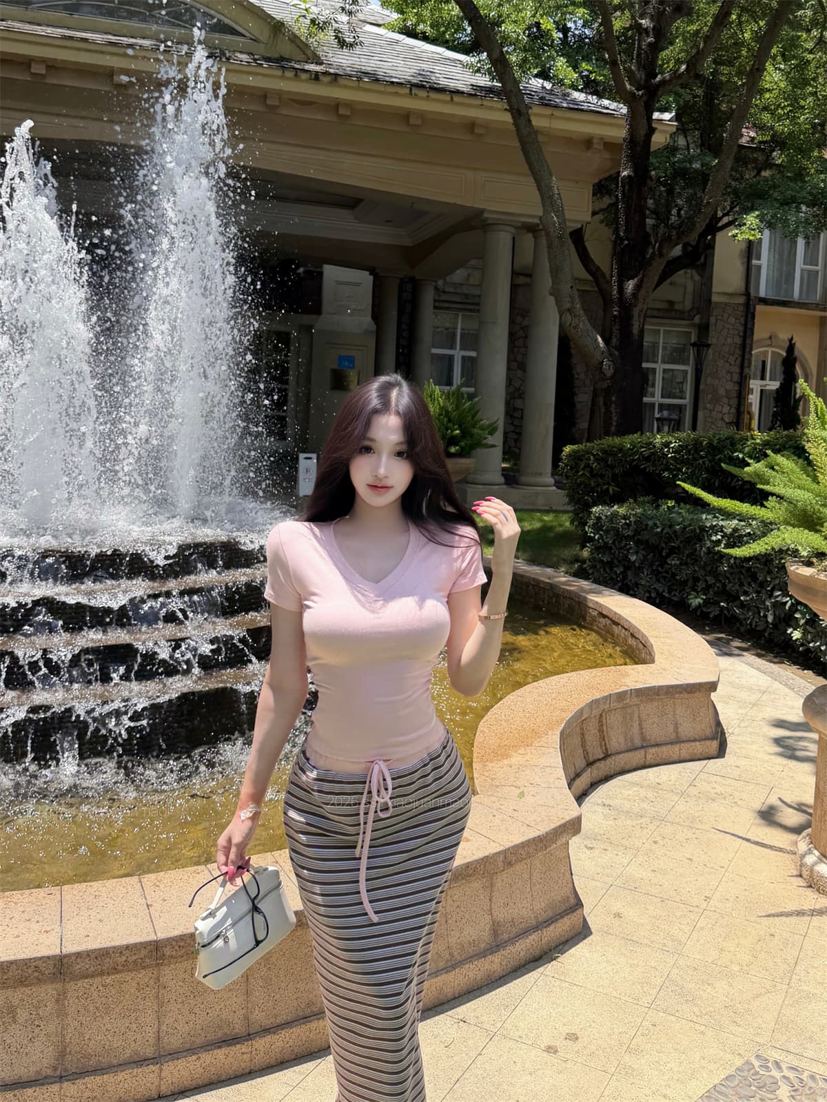 실사 정가 V넥 순수한 욕망 반팔 니트 t 펌프 로프 허리밴드 스트라이프 롱 스커트 세트 여성 투피스 세트 상세 이미지 14