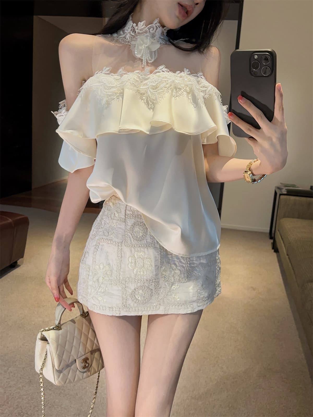 실사 정가 프릴 망사 철자 레이스 순수한 욕망 오프숄더 달콤함 작은 셔츠 자수 짧은 치마바지 여성 여름 세트 상세 이미지 2