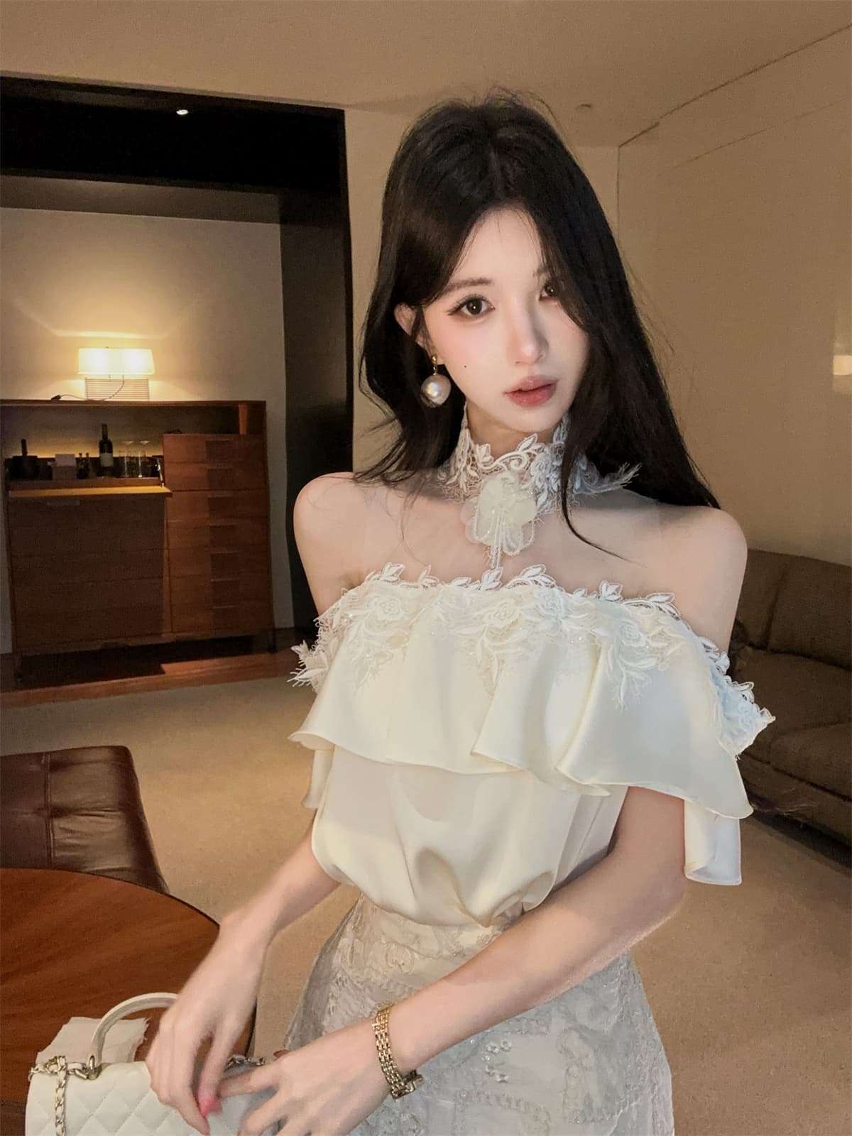 실사 정가 프릴 망사 철자 레이스 순수한 욕망 오프숄더 달콤함 작은 셔츠 자수 짧은 치마바지 여성 여름 세트 상세 이미지 3