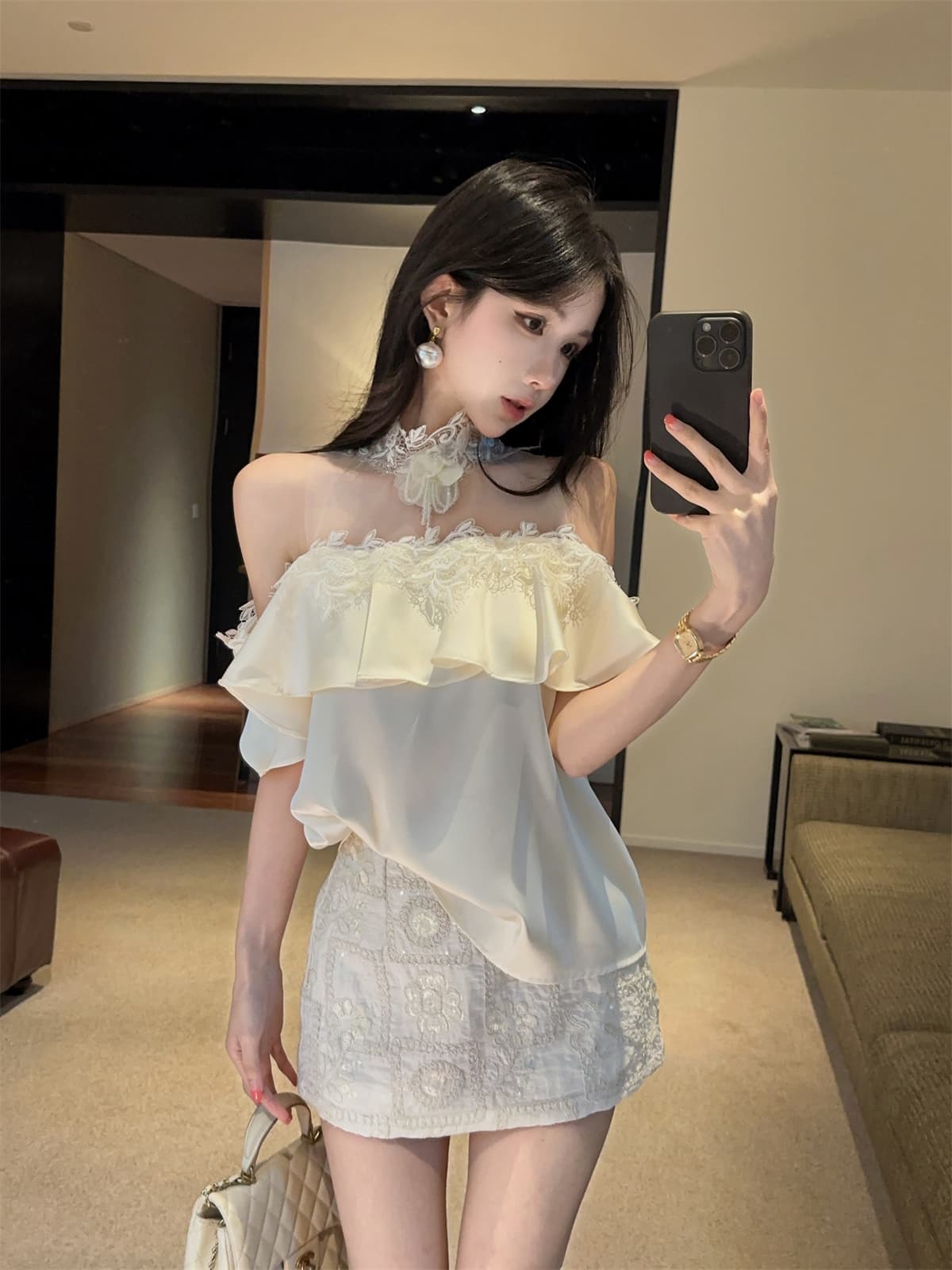 실사 정가 프릴 망사 철자 레이스 순수한 욕망 오프숄더 달콤함 작은 셔츠 자수 짧은 치마바지 여성 여름 세트 상세 이미지 5