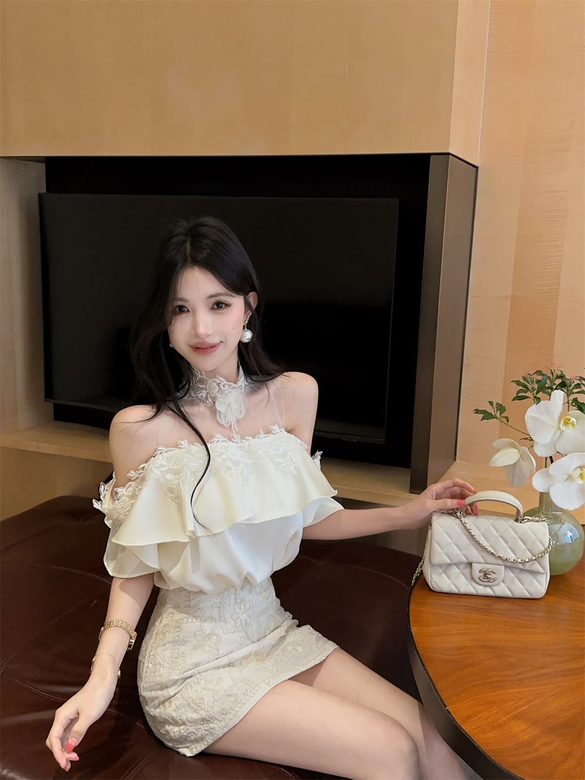 실사 정가 프릴 망사 철자 레이스 순수한 욕망 오프숄더 달콤함 작은 셔츠 자수 짧은 치마바지 여성 여름 세트 상세 이미지 7