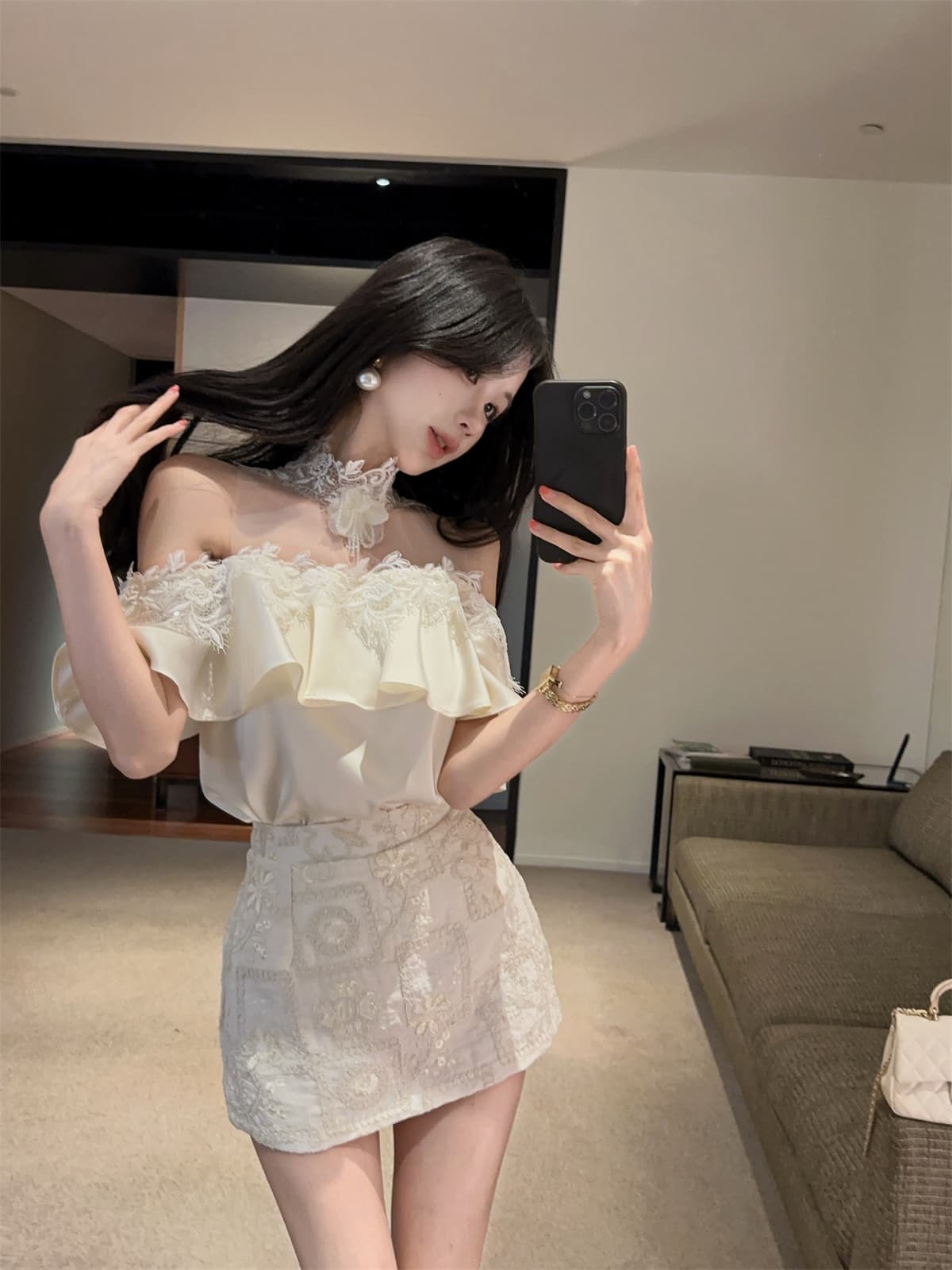 실사 정가 프릴 망사 철자 레이스 순수한 욕망 오프숄더 달콤함 작은 셔츠 자수 짧은 치마바지 여성 여름 세트 상세 이미지 8