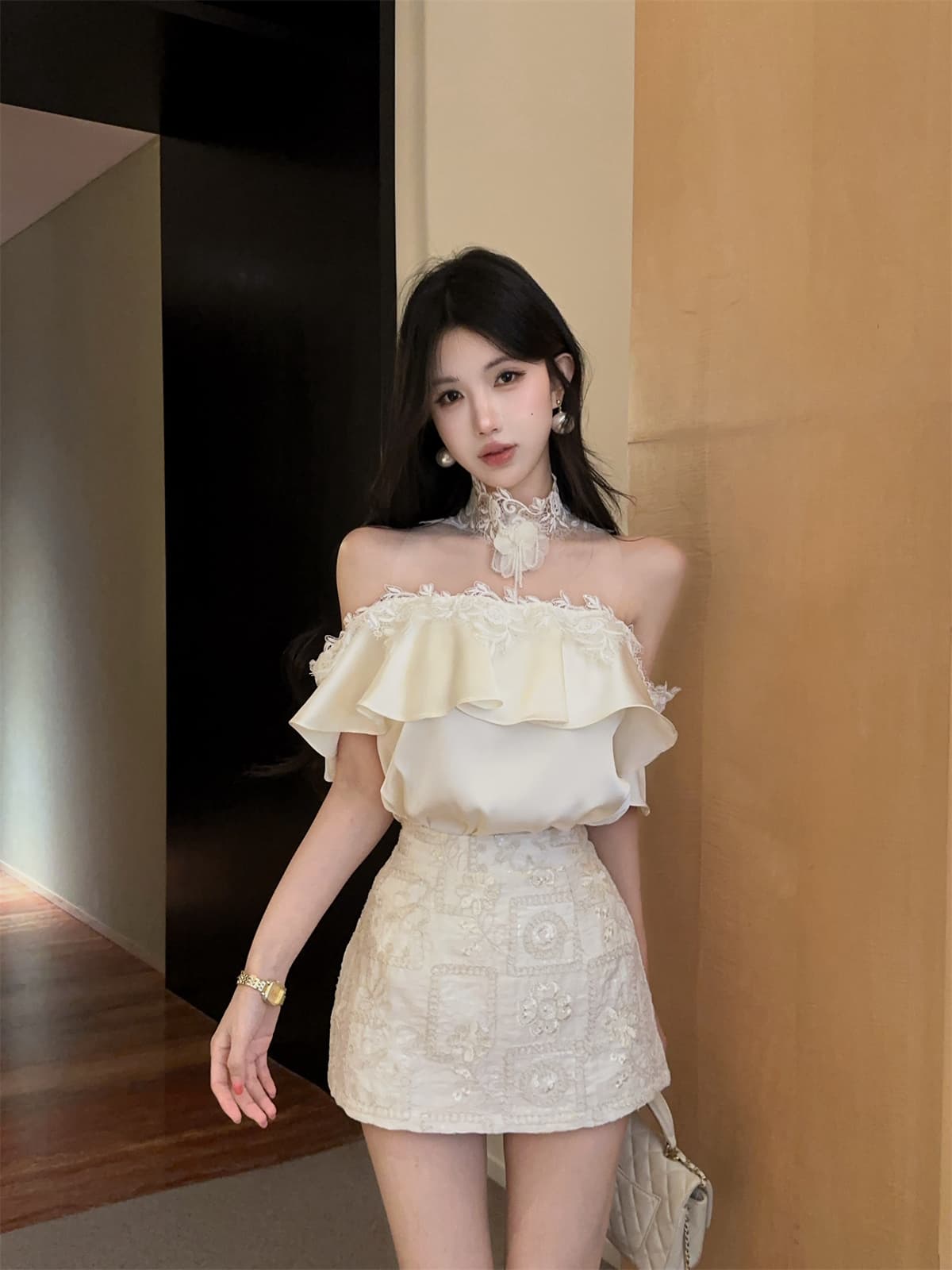 실사 정가 프릴 망사 철자 레이스 순수한 욕망 오프숄더 달콤함 작은 셔츠 자수 짧은 치마바지 여성 여름 세트 상세 이미지 9