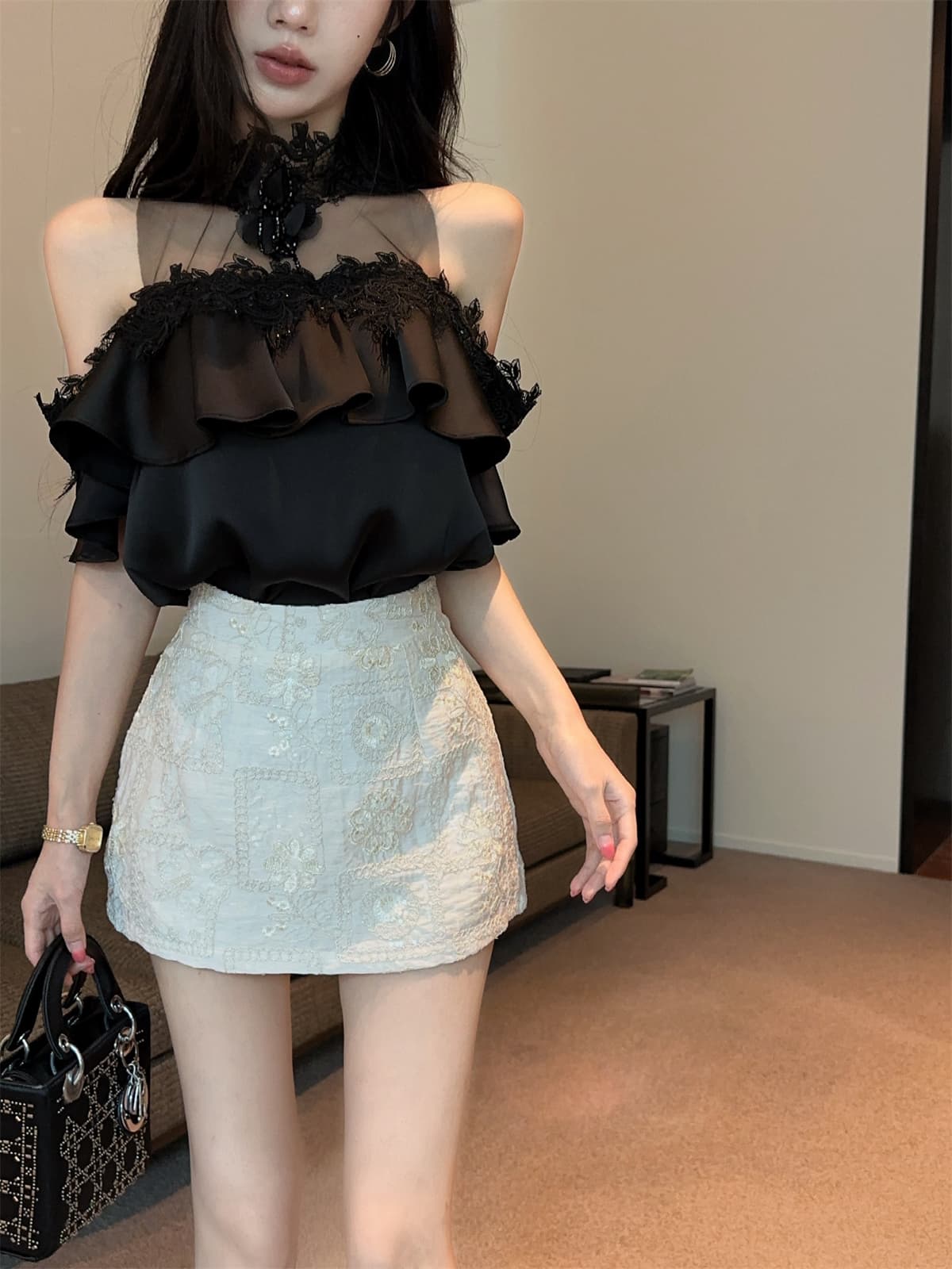 실사 정가 프릴 망사 철자 레이스 순수한 욕망 오프숄더 달콤함 작은 셔츠 자수 짧은 치마바지 여성 여름 세트 상세 이미지 10