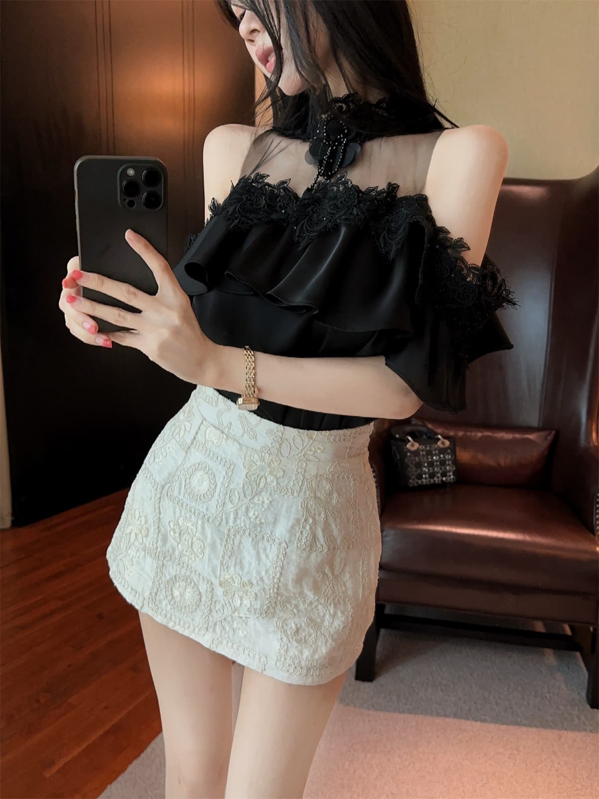 실사 정가 프릴 망사 철자 레이스 순수한 욕망 오프숄더 달콤함 작은 셔츠 자수 짧은 치마바지 여성 여름 세트 상세 이미지 11