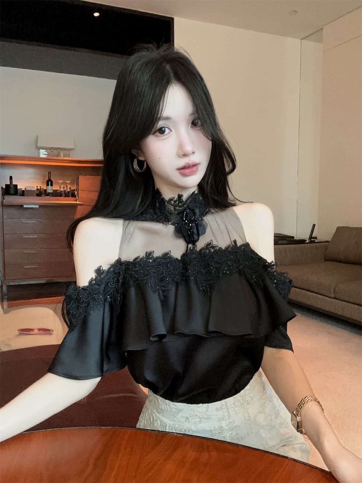 실사 정가 프릴 망사 철자 레이스 순수한 욕망 오프숄더 달콤함 작은 셔츠 자수 짧은 치마바지 여성 여름 세트 상세 이미지 12