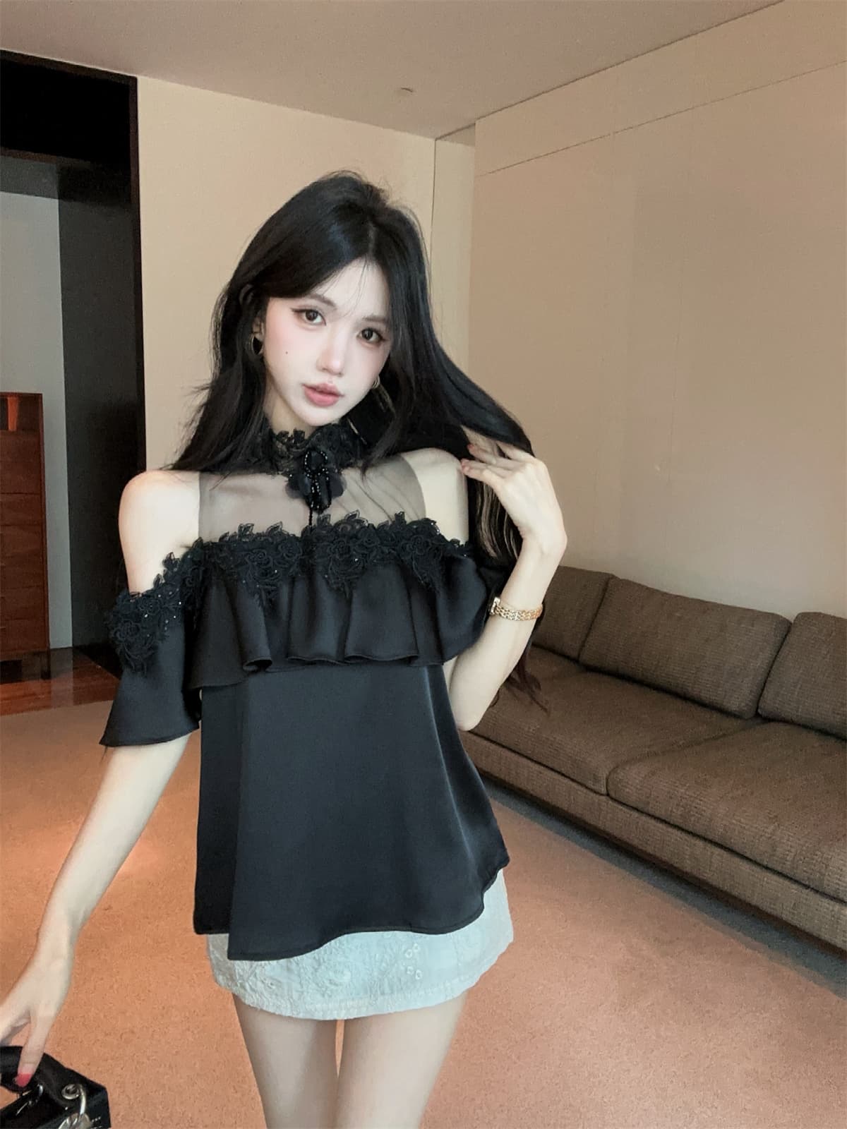 실사 정가 프릴 망사 철자 레이스 순수한 욕망 오프숄더 달콤함 작은 셔츠 자수 짧은 치마바지 여성 여름 세트 상세 이미지 14