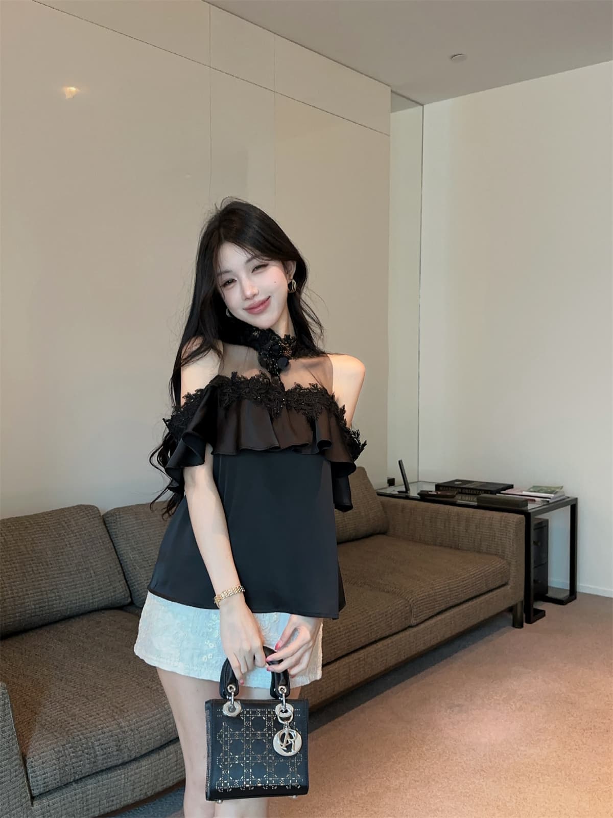 실사 정가 프릴 망사 철자 레이스 순수한 욕망 오프숄더 달콤함 작은 셔츠 자수 짧은 치마바지 여성 여름 세트 상세 이미지 15