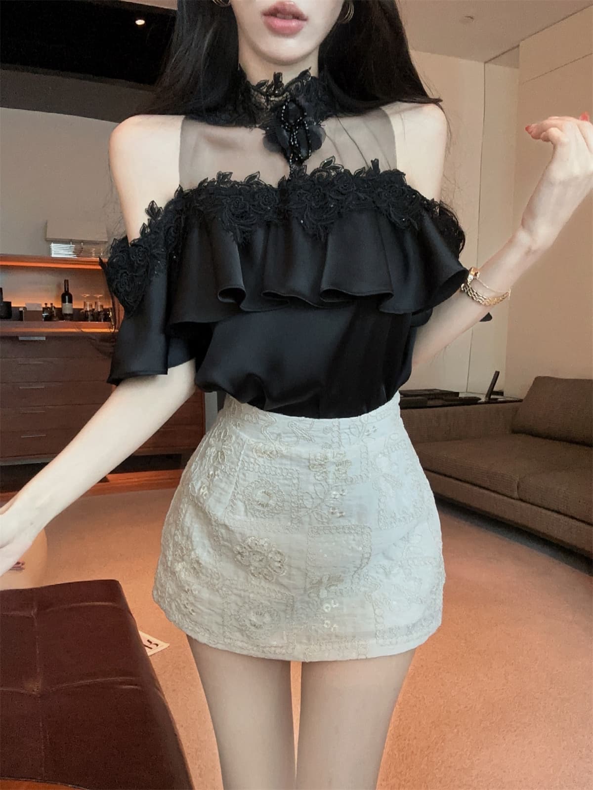 실사 정가 프릴 망사 철자 레이스 순수한 욕망 오프숄더 달콤함 작은 셔츠 자수 짧은 치마바지 여성 여름 세트 상세 이미지 16