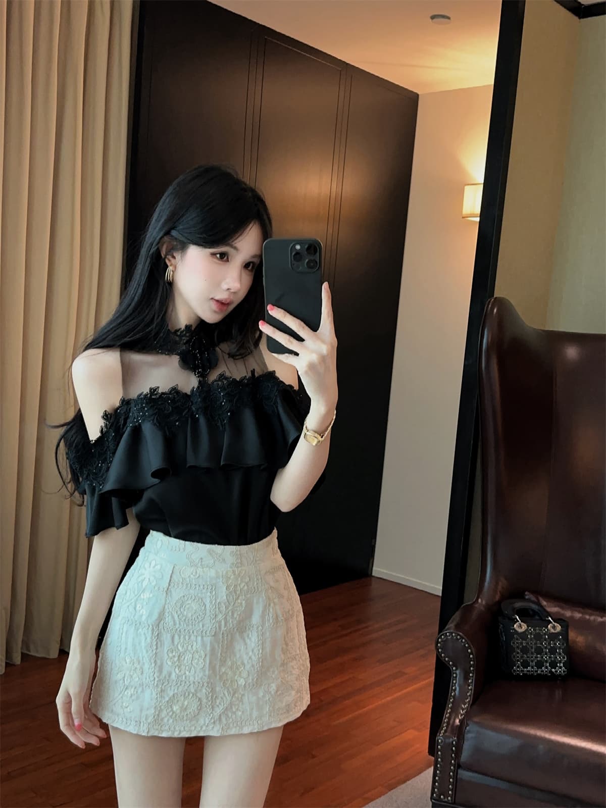 실사 정가 프릴 망사 철자 레이스 순수한 욕망 오프숄더 달콤함 작은 셔츠 자수 짧은 치마바지 여성 여름 세트 상세 이미지 17