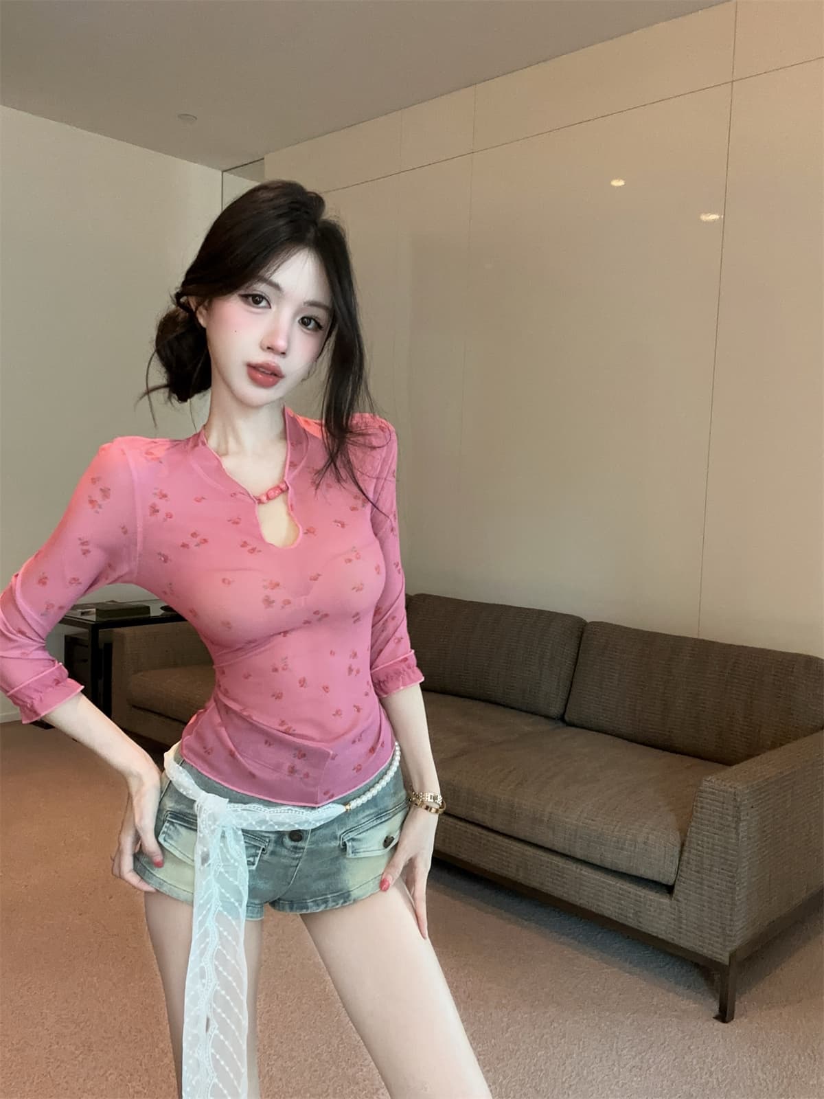 실사 정가 꽃무늬 망사 반팔 t 몸매 가꾸기 캐미솔 데님 반바지 레이스 체인 세트 여성 여름 상세 이미지 7