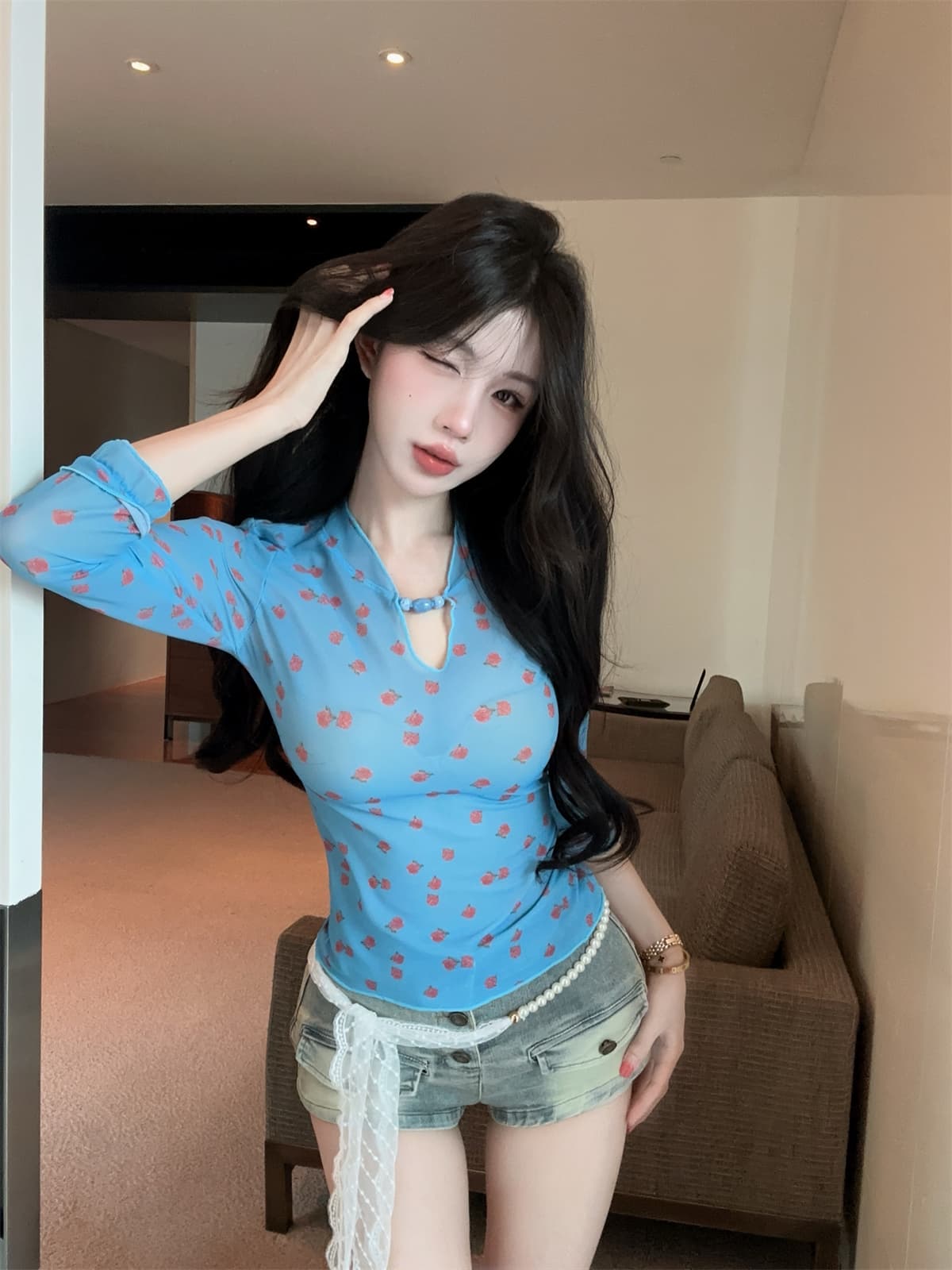 실사 정가 꽃무늬 망사 반팔 t 몸매 가꾸기 캐미솔 데님 반바지 레이스 체인 세트 여성 여름 상세 이미지 10