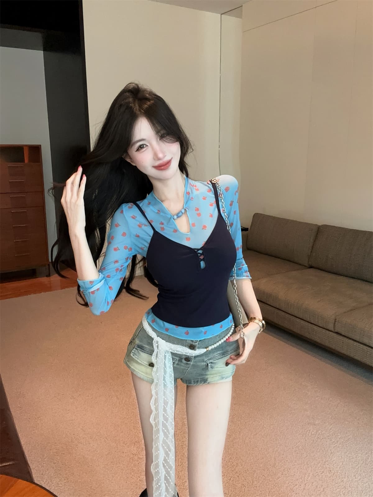 실사 정가 꽃무늬 망사 반팔 t 몸매 가꾸기 캐미솔 데님 반바지 레이스 체인 세트 여성 여름 상세 이미지 11