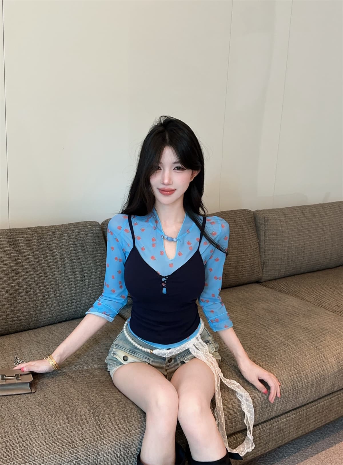 실사 정가 꽃무늬 망사 반팔 t 몸매 가꾸기 캐미솔 데님 반바지 레이스 체인 세트 여성 여름 상세 이미지 12