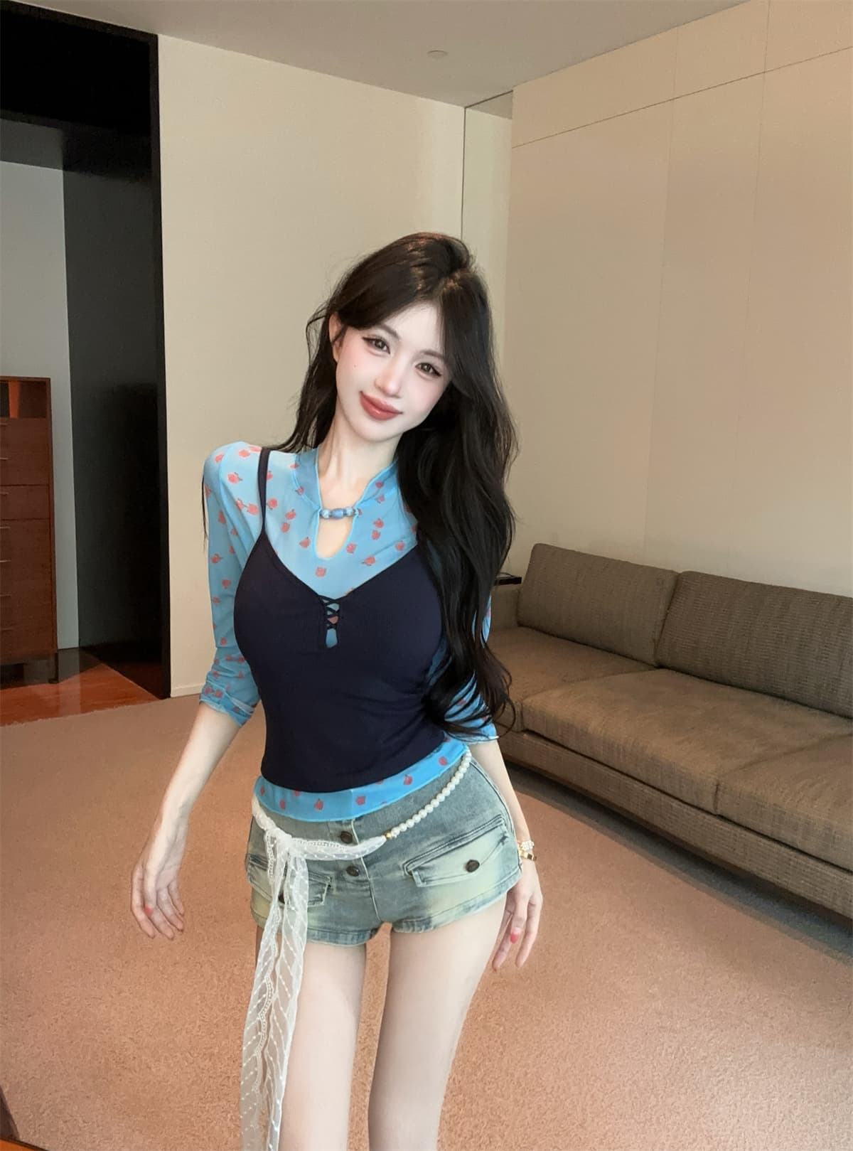 실사 정가 꽃무늬 망사 반팔 t 몸매 가꾸기 캐미솔 데님 반바지 레이스 체인 세트 여성 여름 상세 이미지 15