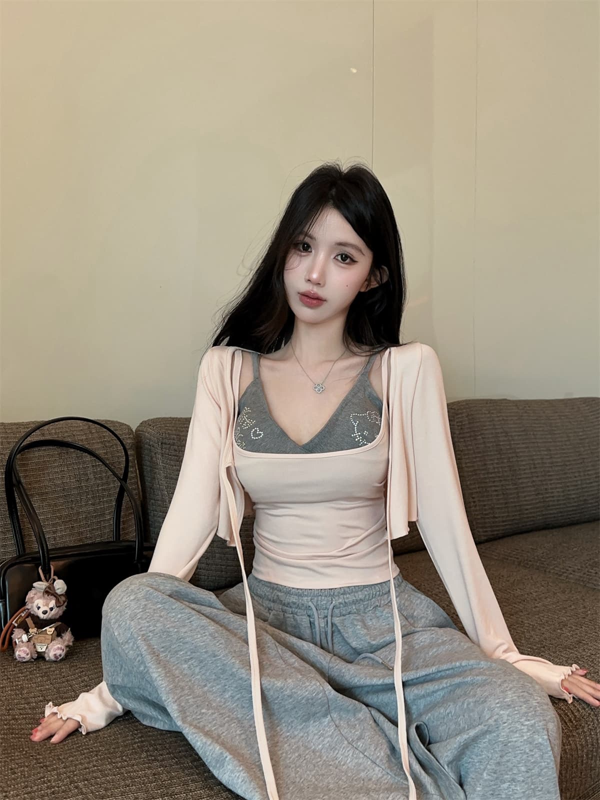실사 정가 순수한 욕망 패치워크 색상 페이크 레이어드 핫픽스 슬립 레이스업 긴팔 오픈 가디건 여성 여름 패션 세트 상세 이미지 2