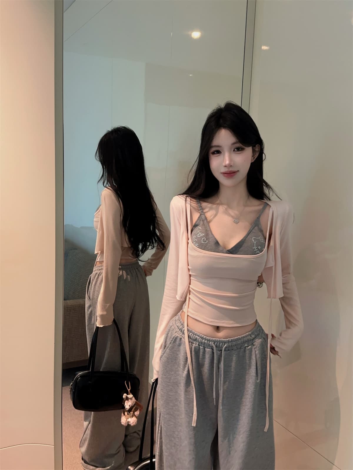 실사 정가 순수한 욕망 패치워크 색상 페이크 레이어드 핫픽스 슬립 레이스업 긴팔 오픈 가디건 여성 여름 패션 세트 상세 이미지 7