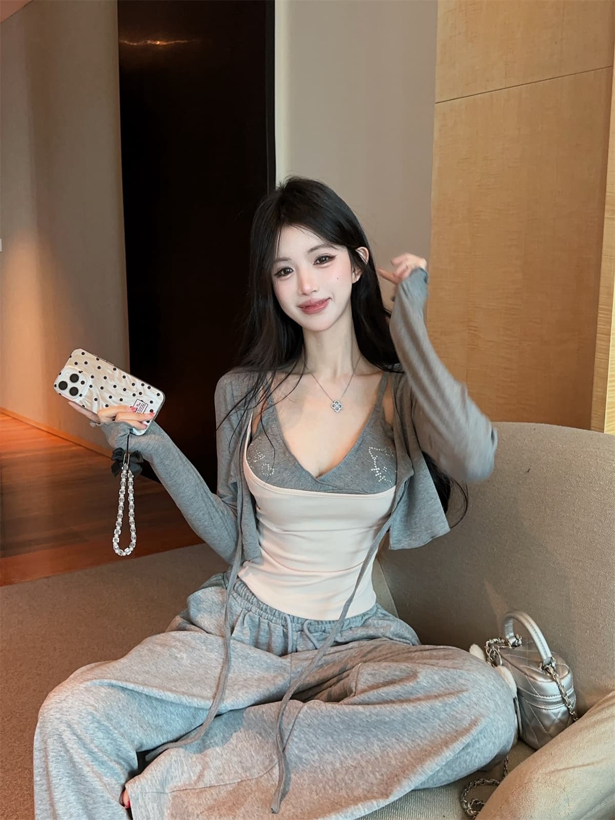 실사 정가 순수한 욕망 패치워크 색상 페이크 레이어드 핫픽스 슬립 레이스업 긴팔 오픈 가디건 여성 여름 패션 세트 상세 이미지 11