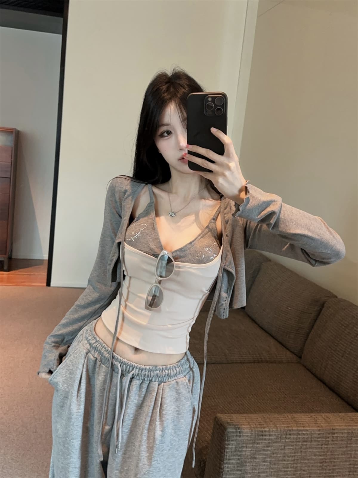 실사 정가 순수한 욕망 패치워크 색상 페이크 레이어드 핫픽스 슬립 레이스업 긴팔 오픈 가디건 여성 여름 패션 세트 상세 이미지 13
