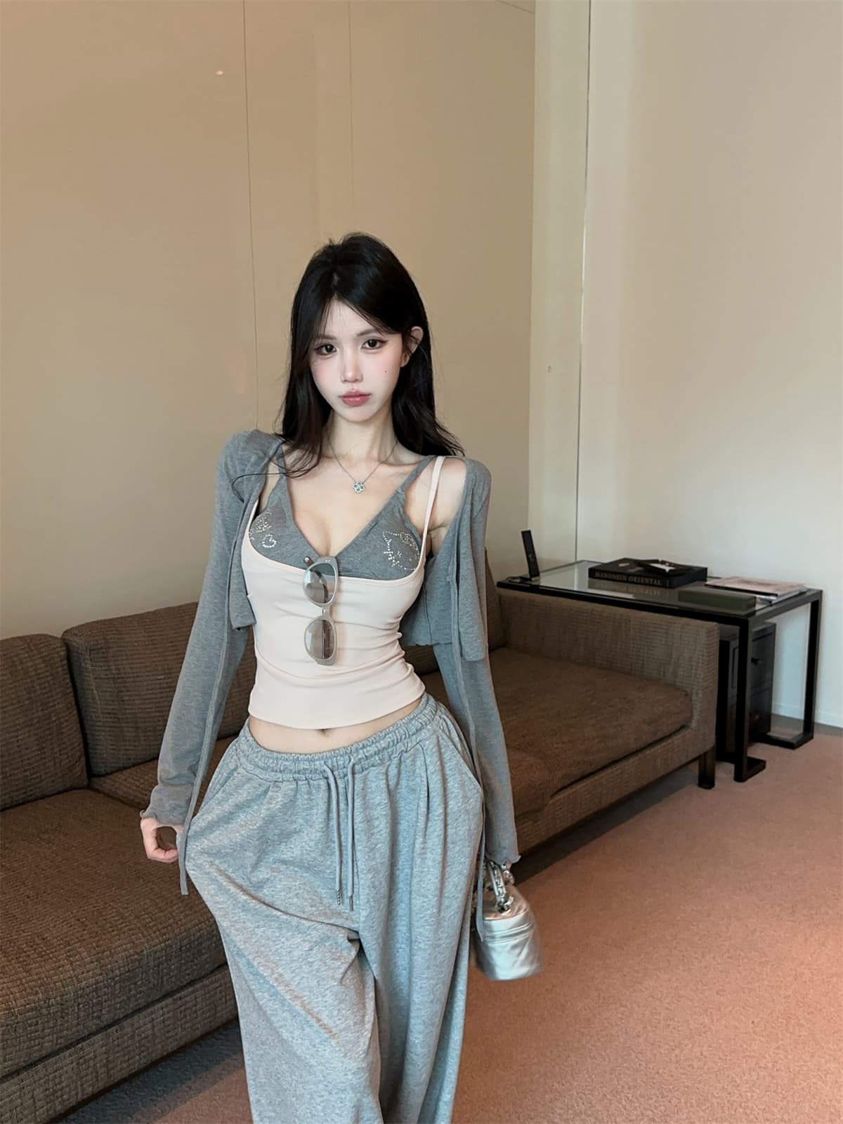 실사 정가 순수한 욕망 패치워크 색상 페이크 레이어드 핫픽스 슬립 레이스업 긴팔 오픈 가디건 여성 여름 패션 세트 상세 이미지 14
