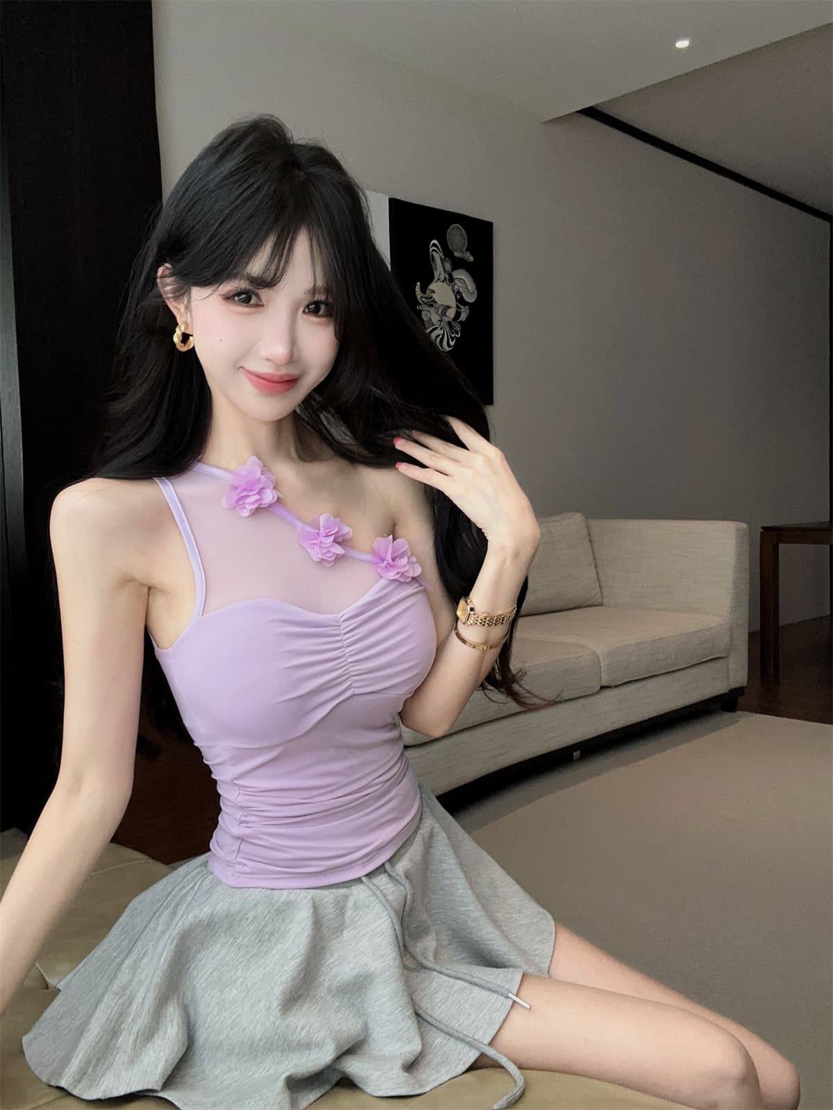 실사 정가 순수한 욕망 숄더백 달콤한 매운맛 망사 3 차원 꽃 싸움 주름 맨위 우산 치마 패션 세트 여성 여름 상세 이미지 3