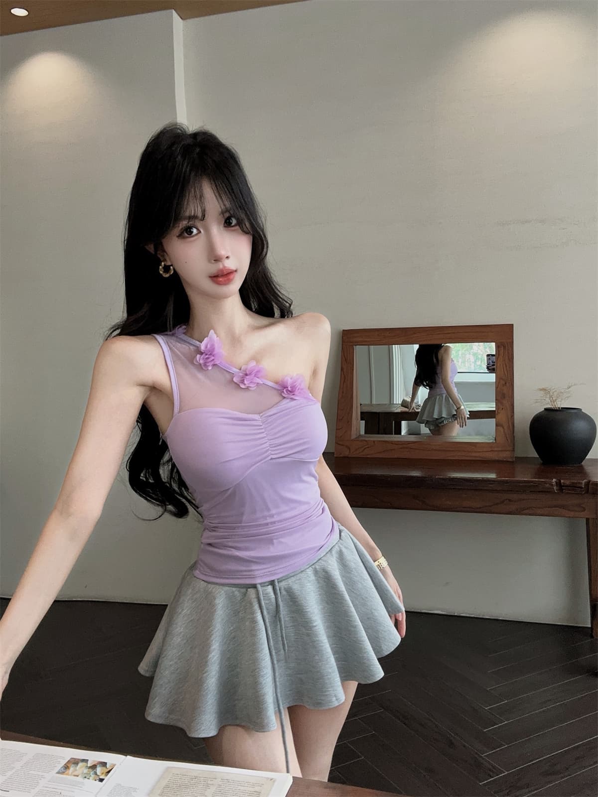 실사 정가 순수한 욕망 숄더백 달콤한 매운맛 망사 3 차원 꽃 싸움 주름 맨위 우산 치마 패션 세트 여성 여름 상세 이미지 7