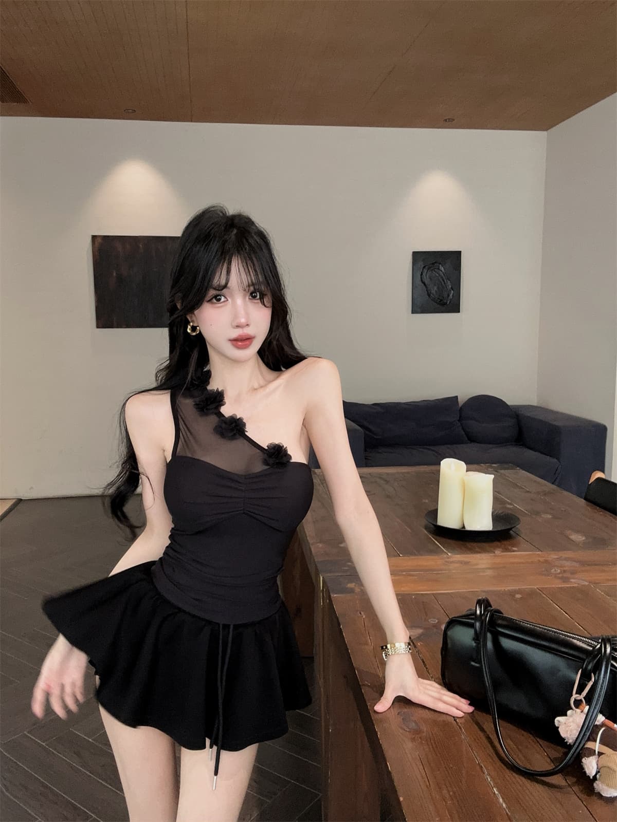 실사 정가 순수한 욕망 숄더백 달콤한 매운맛 망사 3 차원 꽃 싸움 주름 맨위 우산 치마 패션 세트 여성 여름 상세 이미지 11