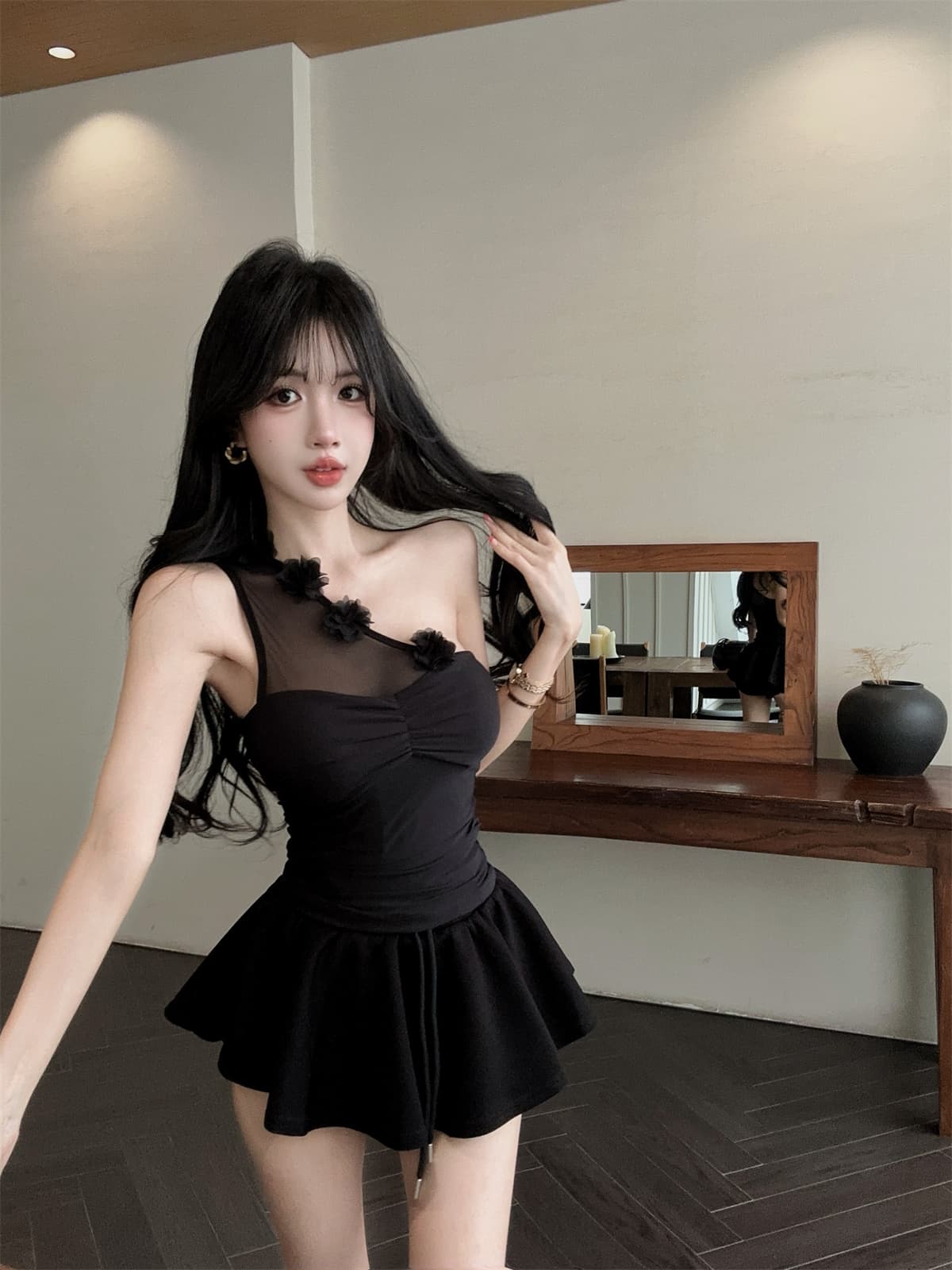 실사 정가 순수한 욕망 숄더백 달콤한 매운맛 망사 3 차원 꽃 싸움 주름 맨위 우산 치마 패션 세트 여성 여름 상세 이미지 13