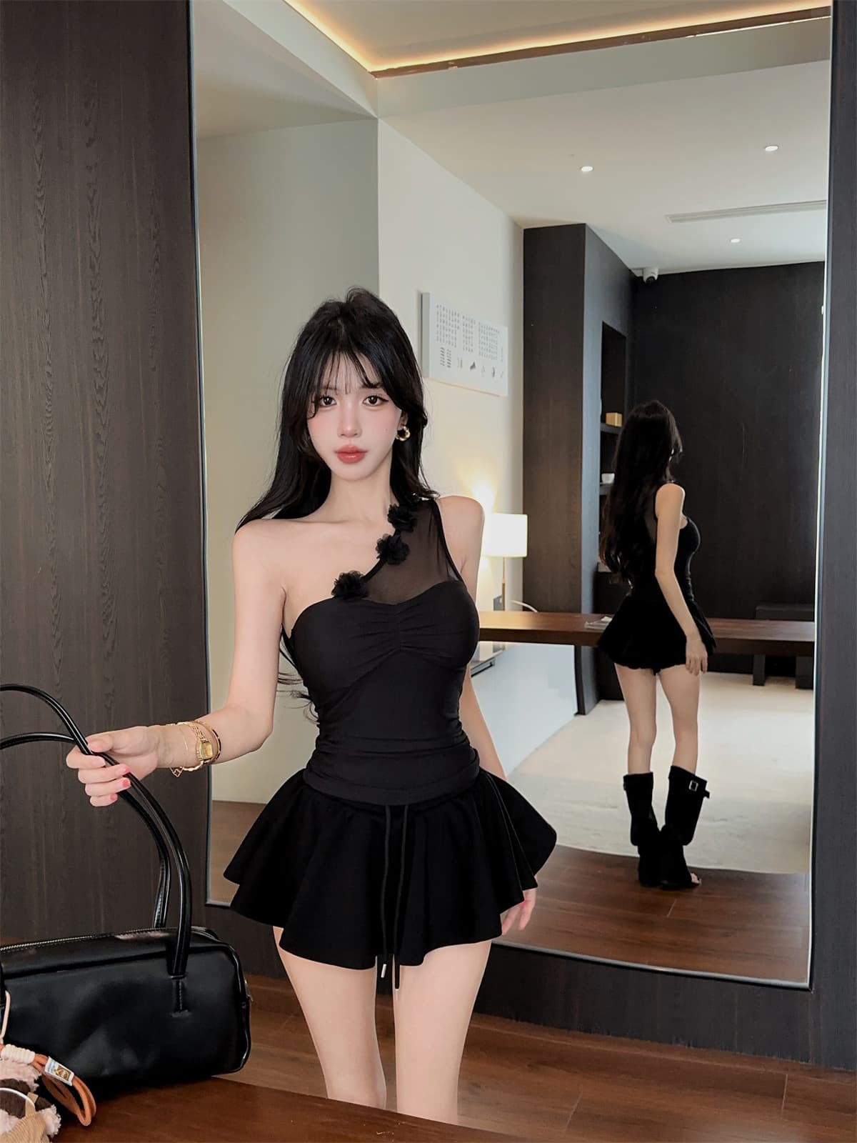 실사 정가 순수한 욕망 숄더백 달콤한 매운맛 망사 3 차원 꽃 싸움 주름 맨위 우산 치마 패션 세트 여성 여름 상세 이미지 16