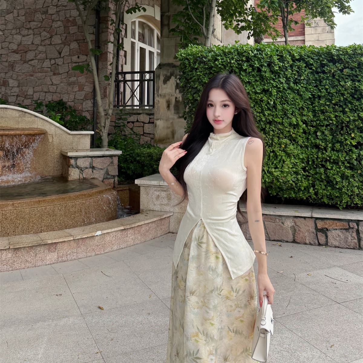 실사 정가 트임 민소매 백리스 맨위 대나무 꽃 프린트 반신 스커트 품격 우아함 세트 드레스