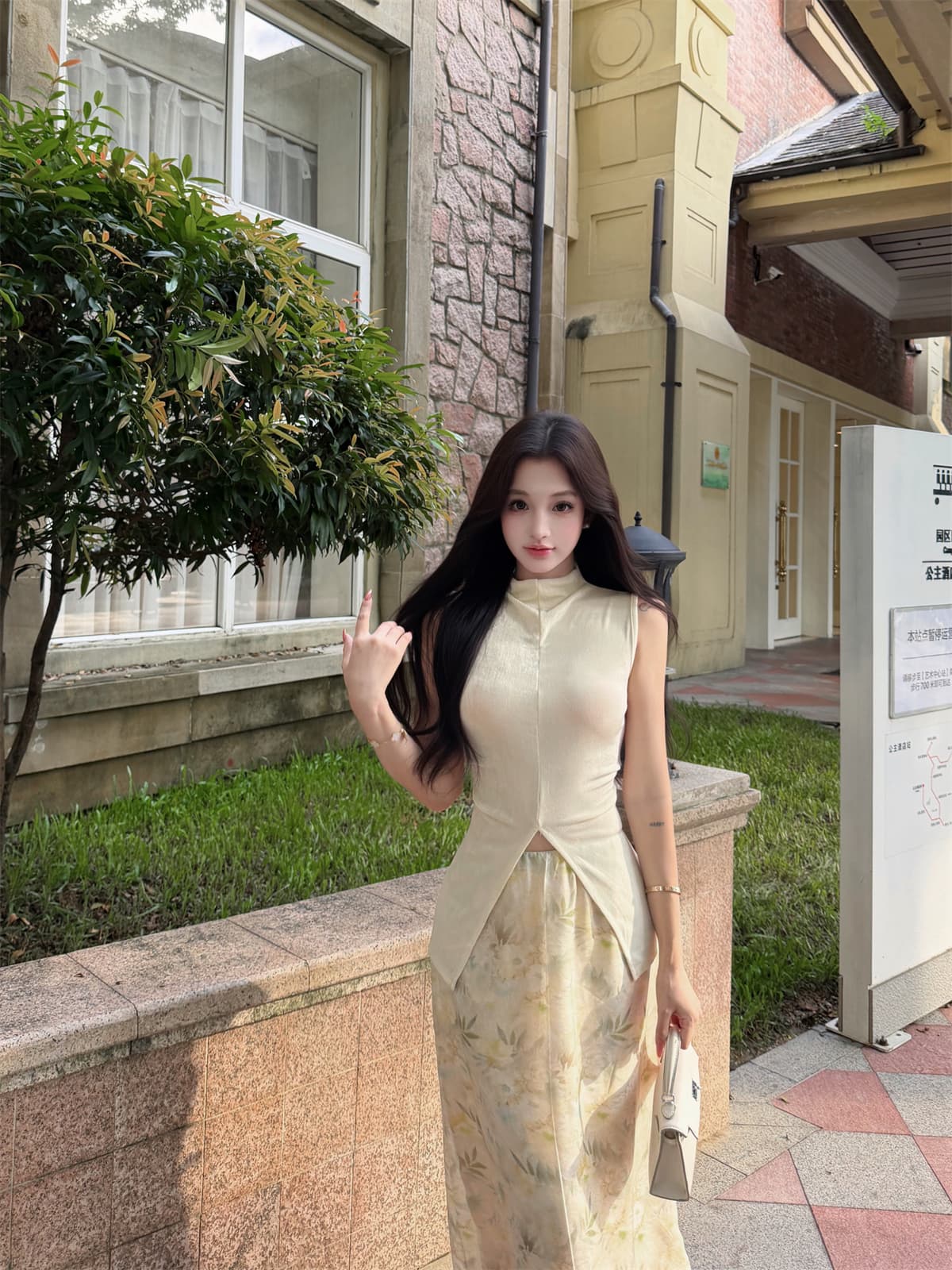 실사 정가 트임 민소매 백리스 맨위 대나무 꽃 프린트 반신 스커트 품격 우아함 세트 드레스 이미지 2