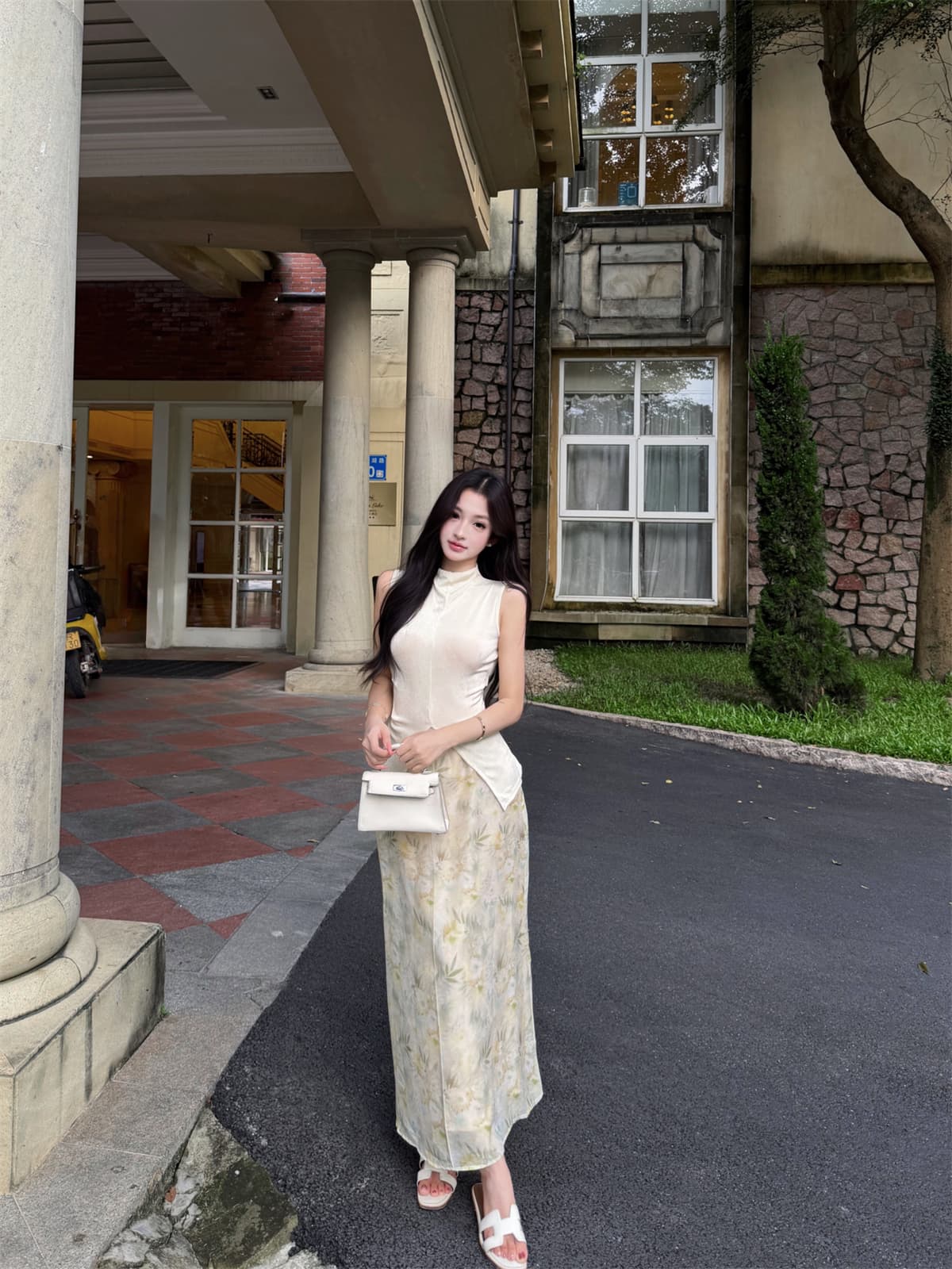 실사 정가 트임 민소매 백리스 맨위 대나무 꽃 프린트 반신 스커트 품격 우아함 세트 드레스 상세 이미지 6