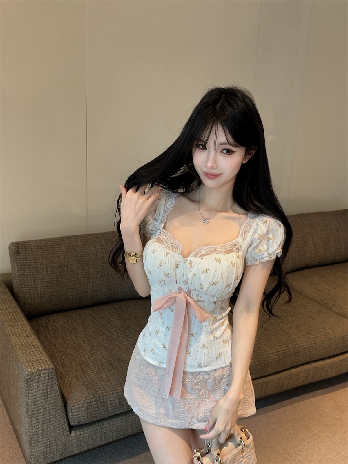 실사 정가 레트로 궁정 품격 꽃무늬 철자 레이스 나비 매듭 맨위 자수 미니 스커트 여성 여름 세트 상세 이미지 6