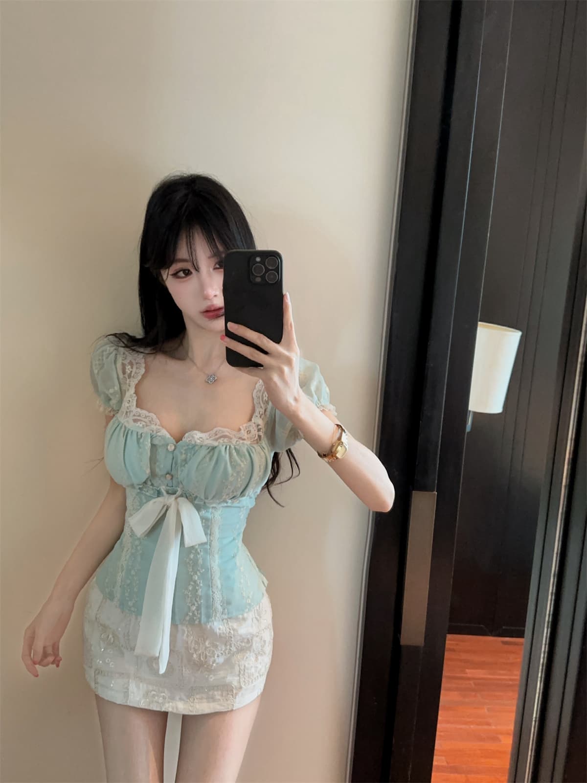 실사 정가 레트로 궁정 품격 꽃무늬 철자 레이스 나비 매듭 맨위 자수 미니 스커트 여성 여름 세트 상세 이미지 15