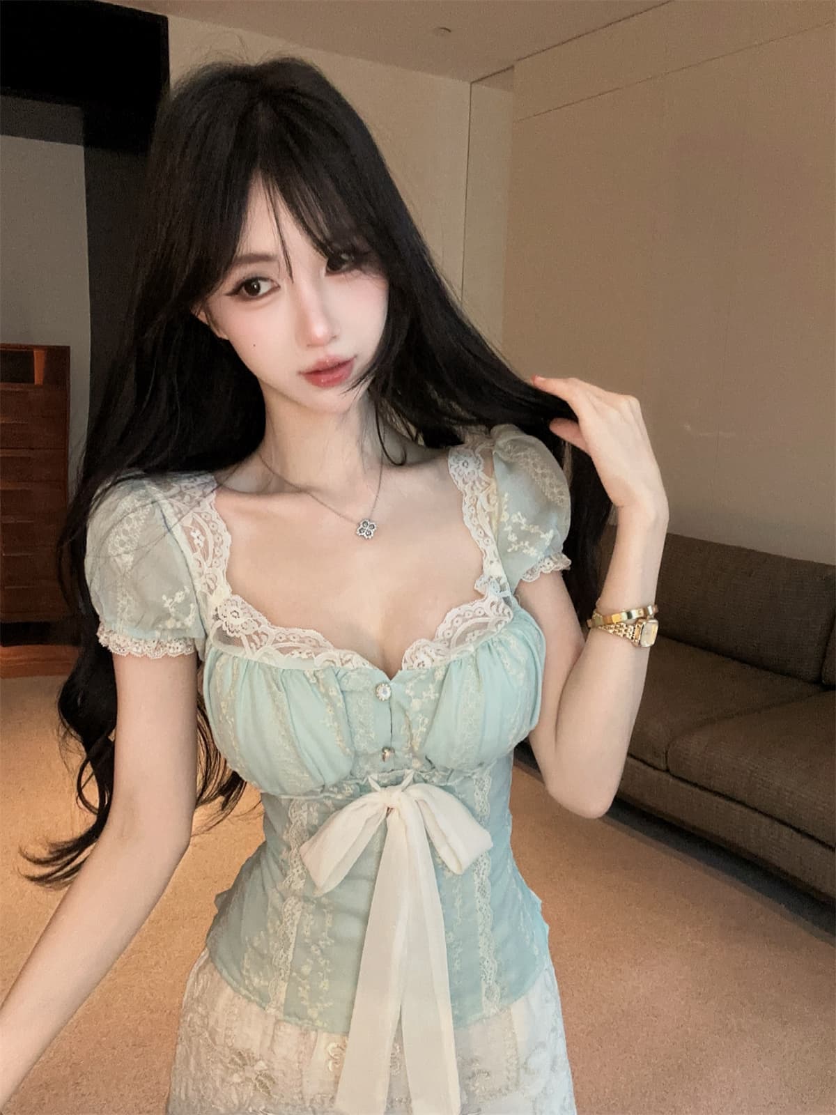 실사 정가 레트로 궁정 품격 꽃무늬 철자 레이스 나비 매듭 맨위 자수 미니 스커트 여성 여름 세트 상세 이미지 16