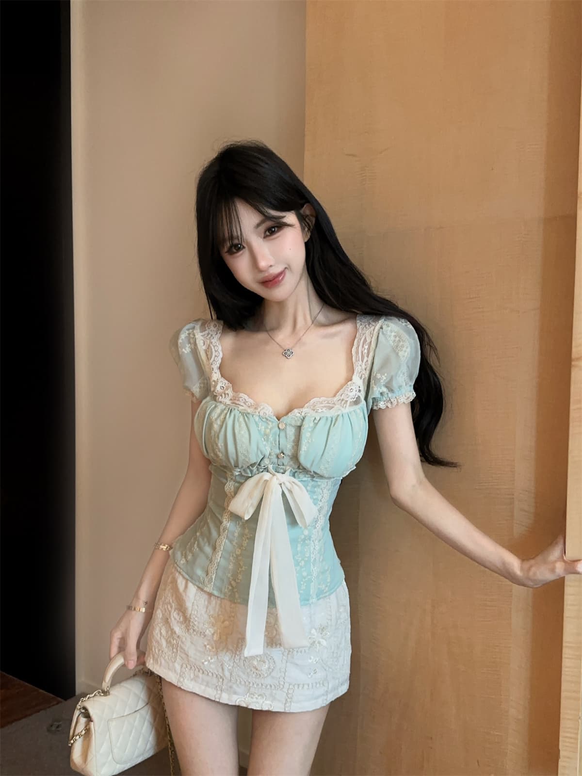 실사 정가 레트로 궁정 품격 꽃무늬 철자 레이스 나비 매듭 맨위 자수 미니 스커트 여성 여름 세트 상세 이미지 17