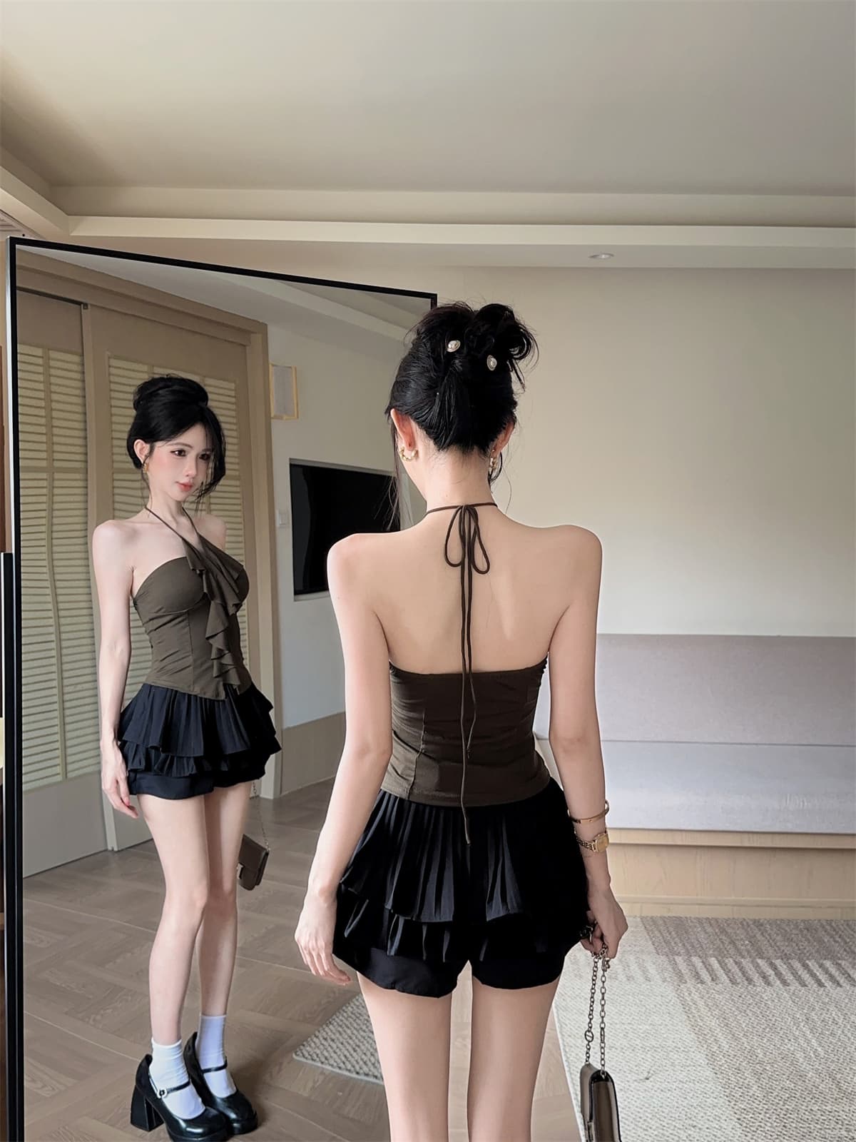 실사 정가 행침 목 스트랩 달콤한 매운맛 프릴 포장 가슴 맨위 플리츠 치마바지 미니 스커트 여성 여름 패션 세트 이미지 3
