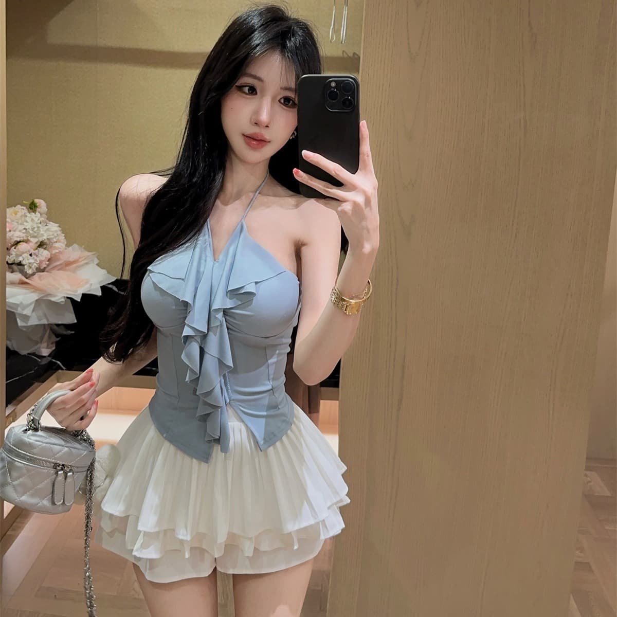 실사 정가 행침 목 스트랩 달콤한 매운맛 프릴 포장 가슴 맨위 플리츠 치마바지 미니 스커트 여성 여름 패션 세트 이미지 5