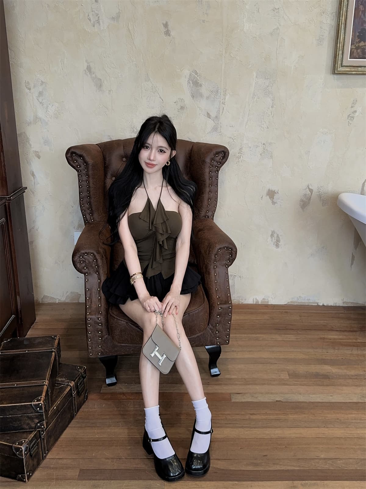 실사 정가 행침 목 스트랩 달콤한 매운맛 프릴 포장 가슴 맨위 플리츠 치마바지 미니 스커트 여성 여름 패션 세트 상세 이미지 4