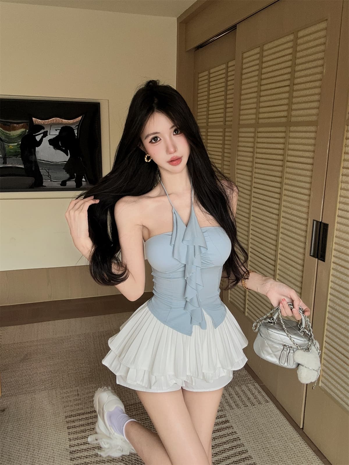 실사 정가 행침 목 스트랩 달콤한 매운맛 프릴 포장 가슴 맨위 플리츠 치마바지 미니 스커트 여성 여름 패션 세트 상세 이미지 9