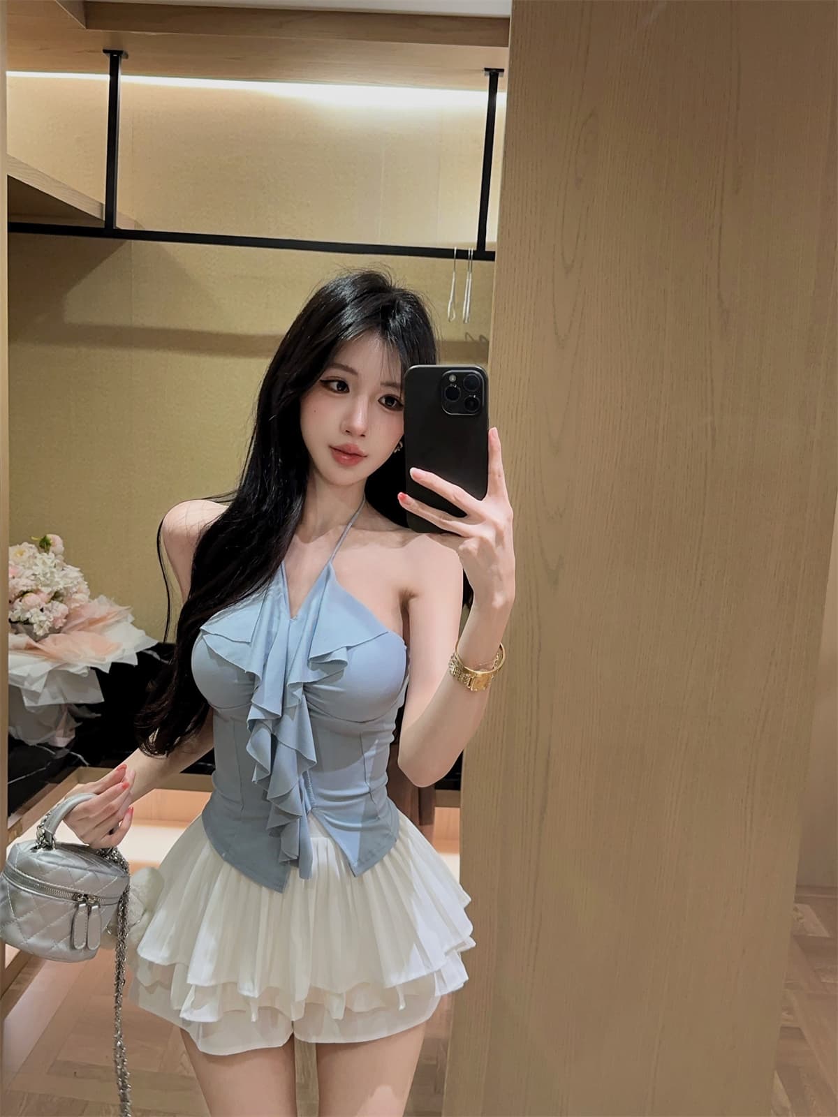 실사 정가 행침 목 스트랩 달콤한 매운맛 프릴 포장 가슴 맨위 플리츠 치마바지 미니 스커트 여성 여름 패션 세트 상세 이미지 11