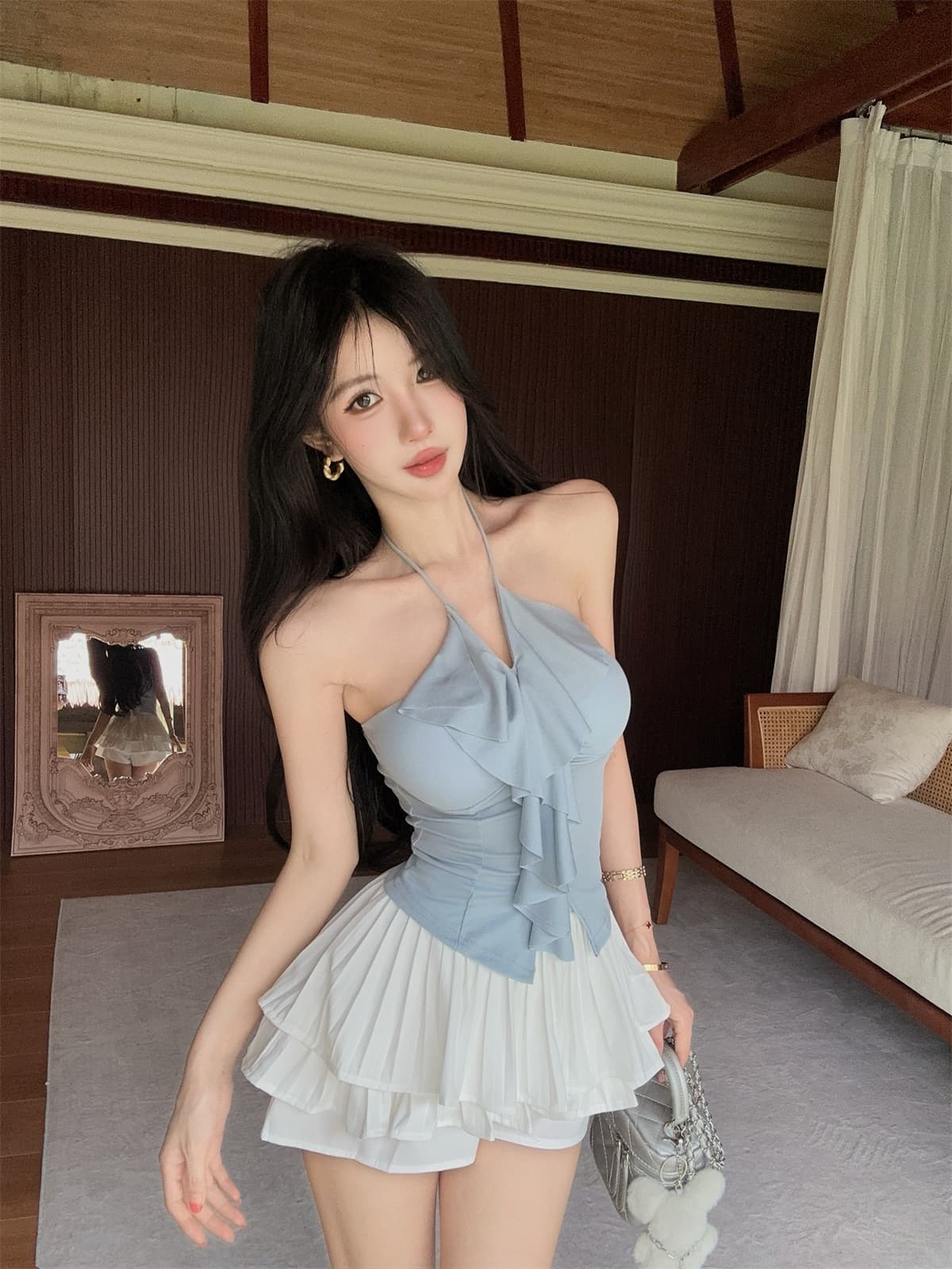 실사 정가 행침 목 스트랩 달콤한 매운맛 프릴 포장 가슴 맨위 플리츠 치마바지 미니 스커트 여성 여름 패션 세트 상세 이미지 13
