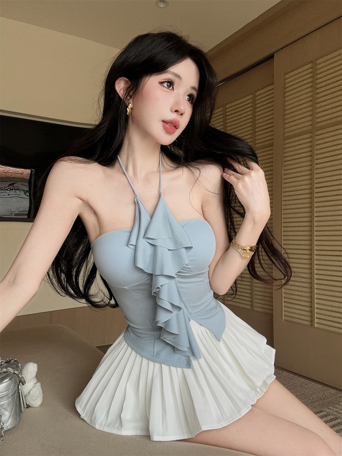 실사 정가 행침 목 스트랩 달콤한 매운맛 프릴 포장 가슴 맨위 플리츠 치마바지 미니 스커트 여성 여름 패션 세트 상세 이미지 14